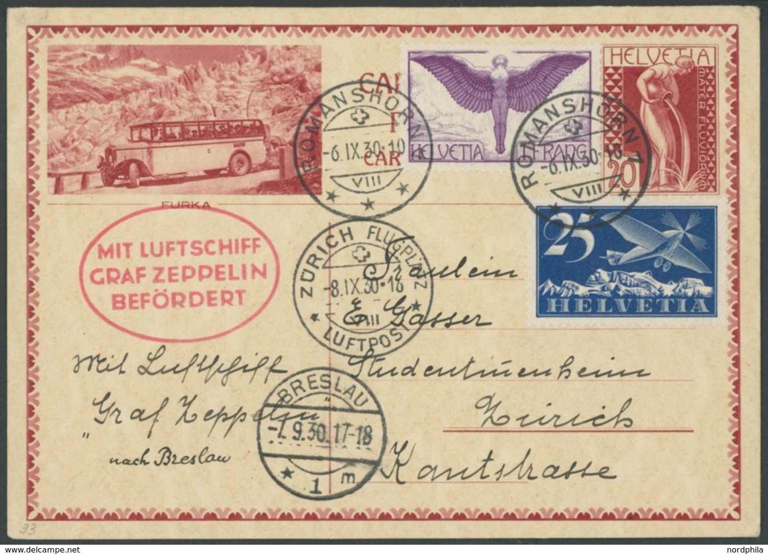 Schweiz: 1930, Fahrt Nach Breslau, Prachtkarte -> Automatically Generated Translation: Switzerland: 1930, "trip To Wrocl - Poste Aérienne & Zeppelin