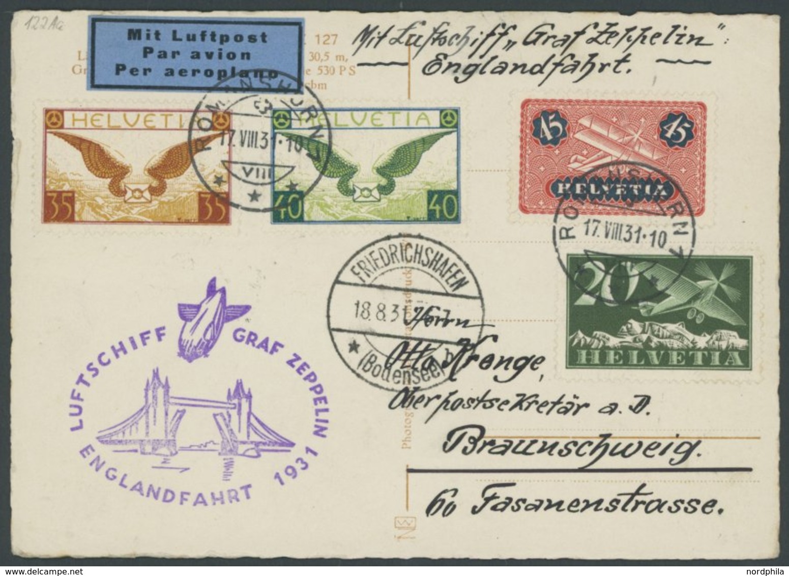 Schweiz: 1931, Englandfahrt, Frankiert U.a. Mit Mi.Nr. 233/4x, Prachtkarte -> Automatically Generated Translation: Switz - Poste Aérienne & Zeppelin