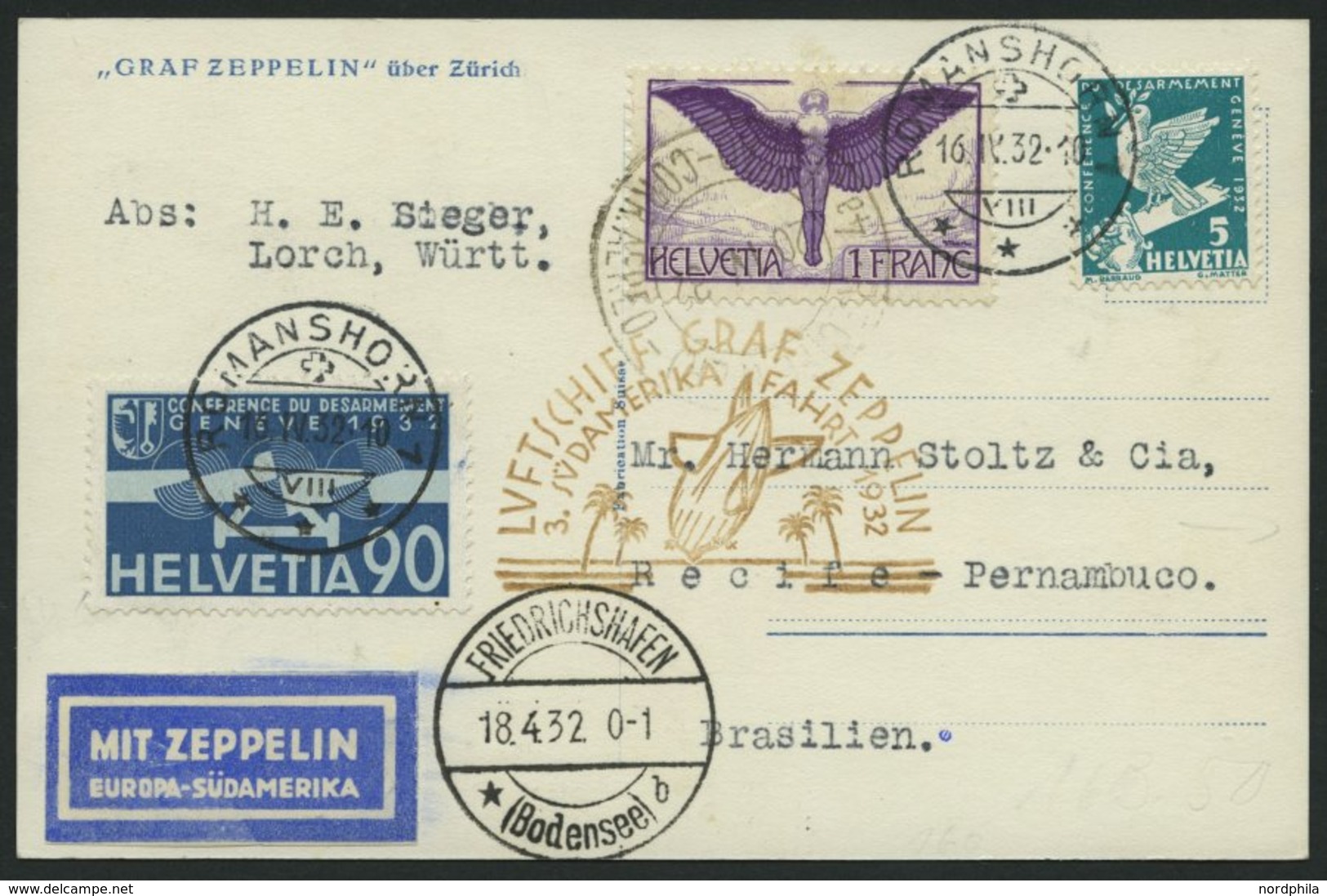 ZULEITUNGSPOST 150Aa BRIEF, Schweiz: 1932, 3. Südamerikafahrt, Auflieferung Friedrichshafen, Prachtkarte - Poste Aérienne & Zeppelin