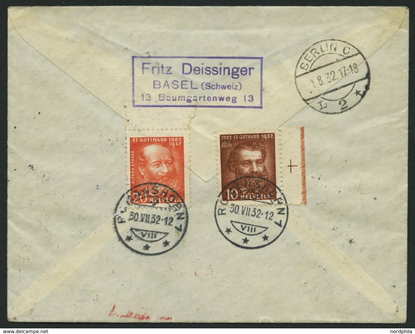 ZULEITUNGSPOST 169Ba BRIEF, Schweiz: 1932, Luposta-Fahrt, Abwurf Rönne, Prachtbrief - Poste Aérienne & Zeppelin