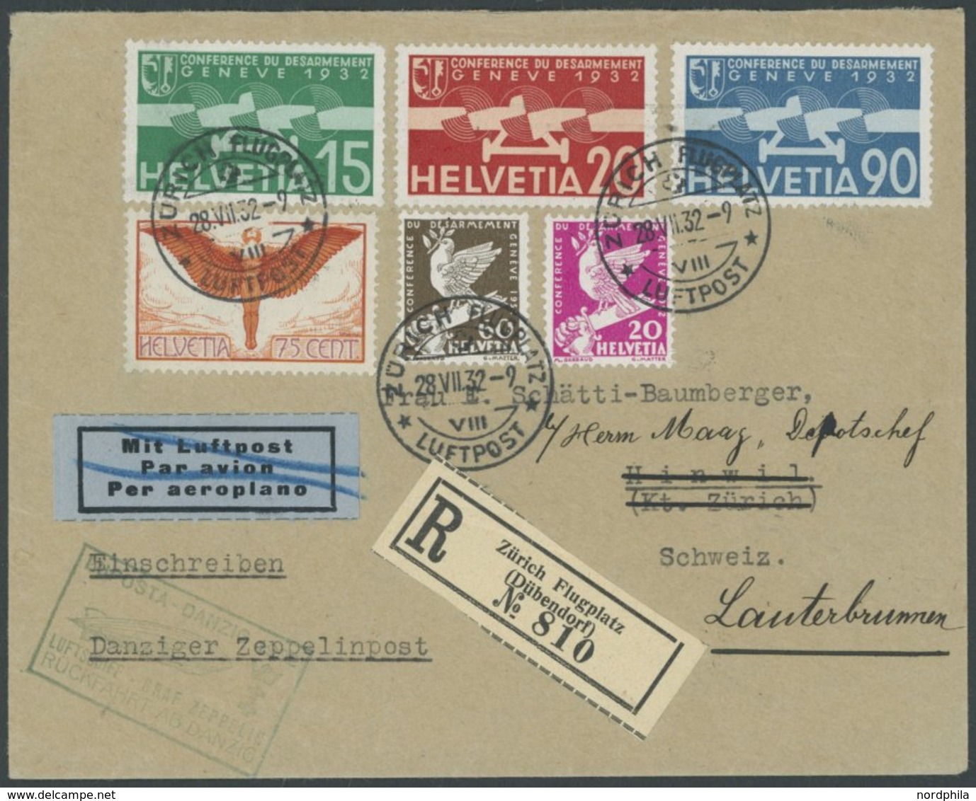 Schweiz: 1932, Luposta-Rückfahrt, Einschreibbrief, Pracht -> Automatically Generated Translation: Switzerland: 1932, "LU - Poste Aérienne & Zeppelin
