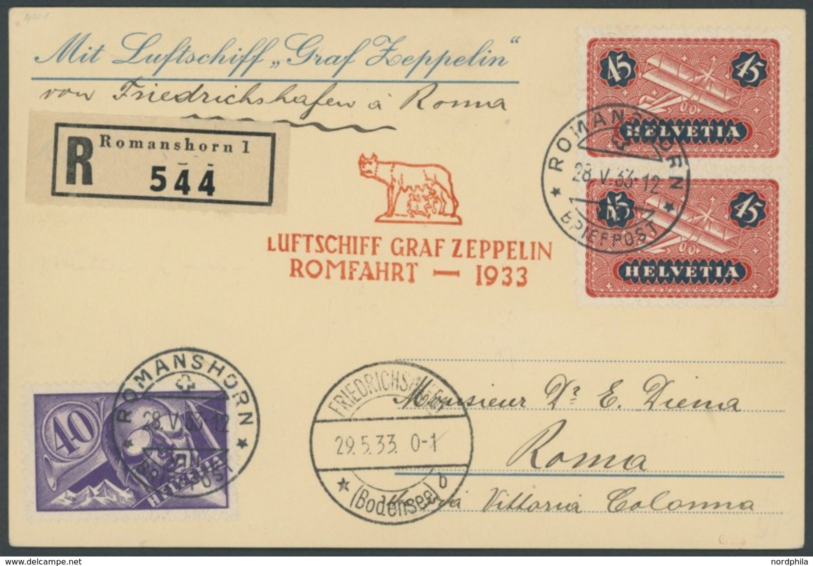 Schweiz: 1933, Italienfahrt, Postabgabe Rom, Einschreibkarte, Pracht -> Automatically Generated Translation: Switzerland - Poste Aérienne & Zeppelin