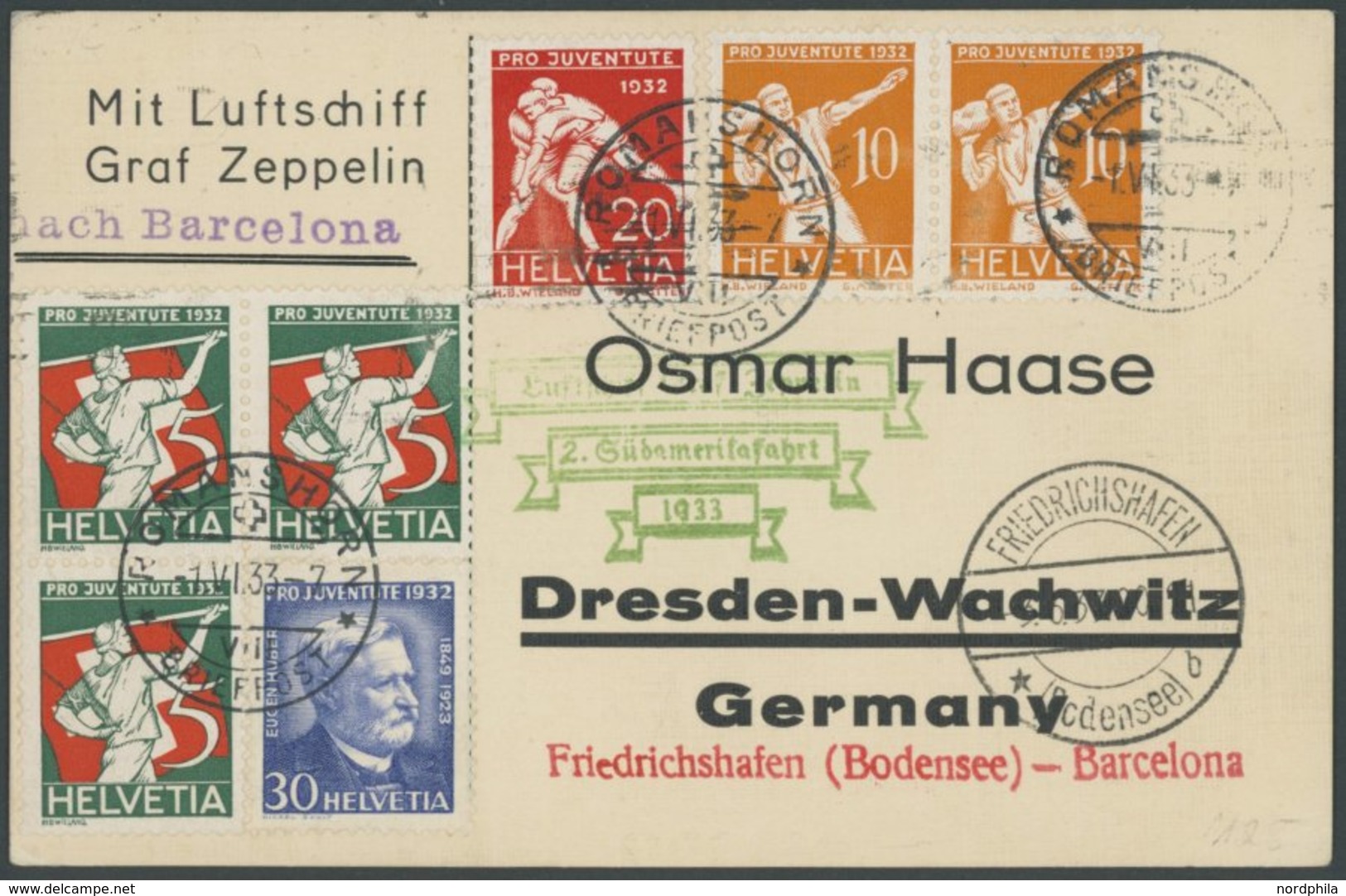 Schweiz: 1933, 2. Südamerikafahrt, Abwurf Barcelona, Prachtkarte -> Automatically Generated Translation: Switzerland: 19 - Poste Aérienne & Zeppelin