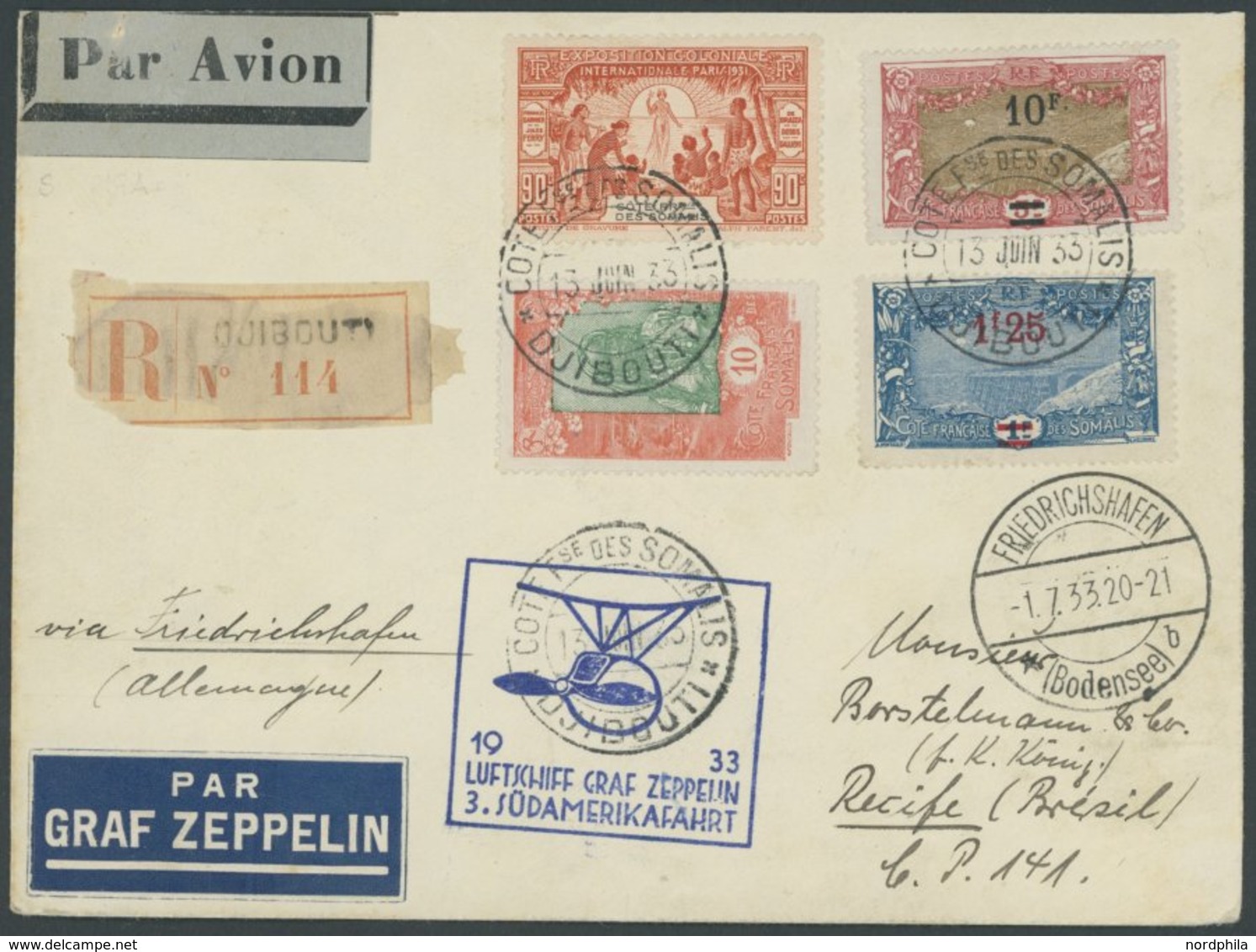 Französisch Somalia: 1933, 3. Südamerikafahrt, Einschreibbrief, Pracht -> Automatically Generated Translation: French So - Poste Aérienne & Zeppelin