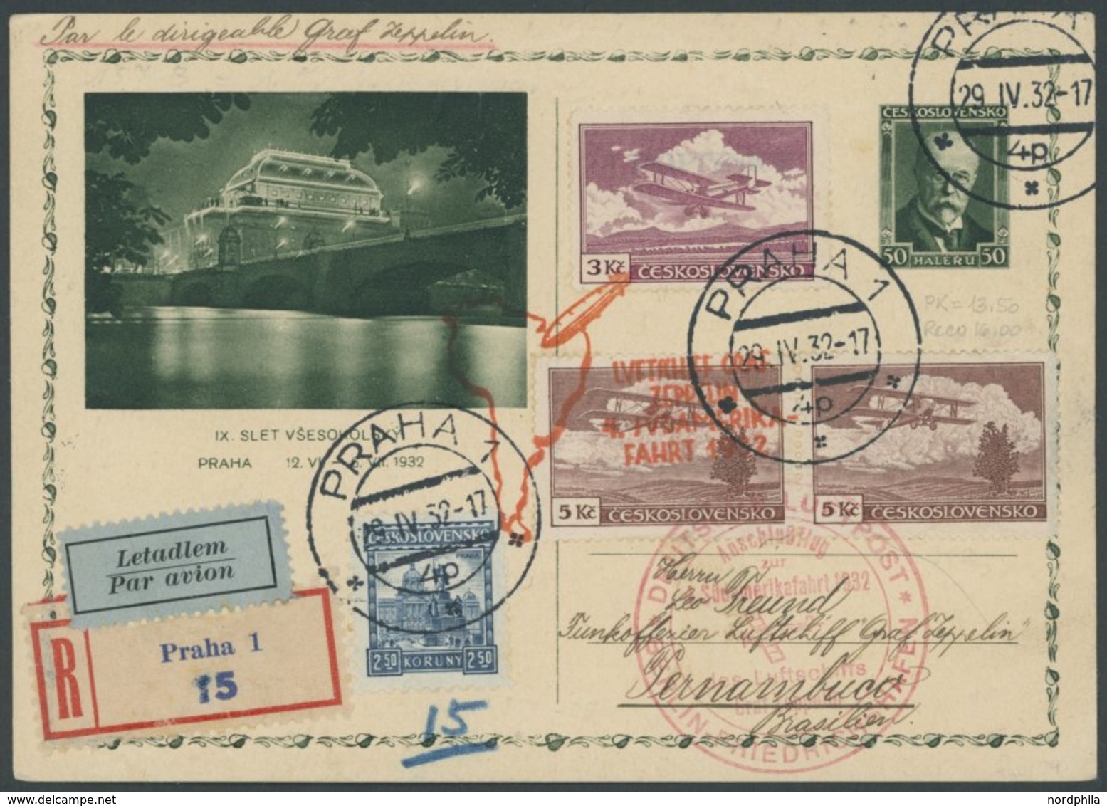 Tschechoslowakei: 1932, 4. Südamerikafahrt, Anschlußflug Ab Berlin, 50 H. Ganzsachen - Einschreibkarte, Pracht, Sieger U - Poste Aérienne & Zeppelin