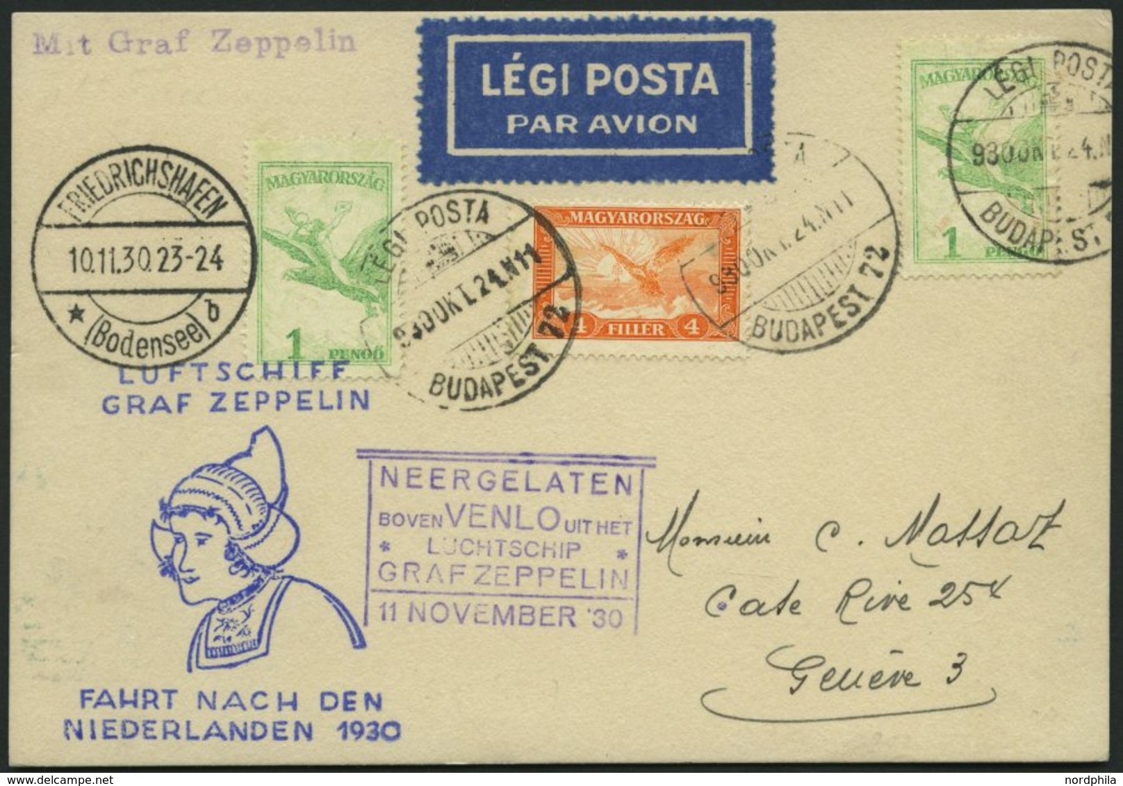 ZULEITUNGSPOST 98 BRIEF, Ungarn: 1930, Hollandfahrt, Prachtkarte - Poste Aérienne & Zeppelin