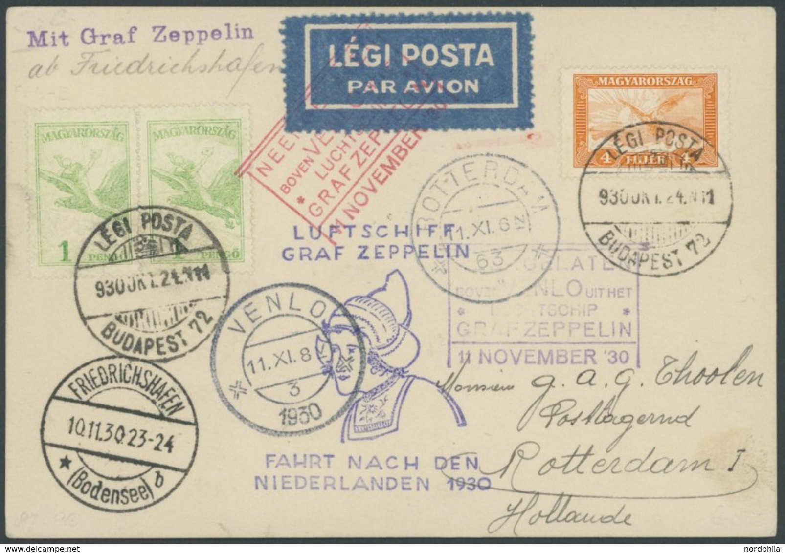Ungarn: 1930, Fahrt In Die Niederlande, Abwurf Venlo, Violetter Und Roter Sonderbestätigungsstempel, Prachtkarte, Vermut - Poste Aérienne & Zeppelin