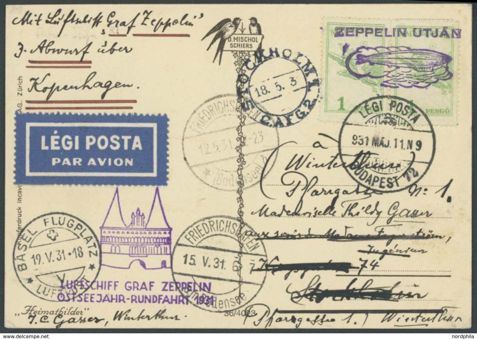 Ungarn: 1931, Ostseejahr-Rundfahrt, Irrläufer, Vorgesehen Budapest - Stockholm, Gestrichen Und Geändert In Frankfurt - B - Poste Aérienne & Zeppelin