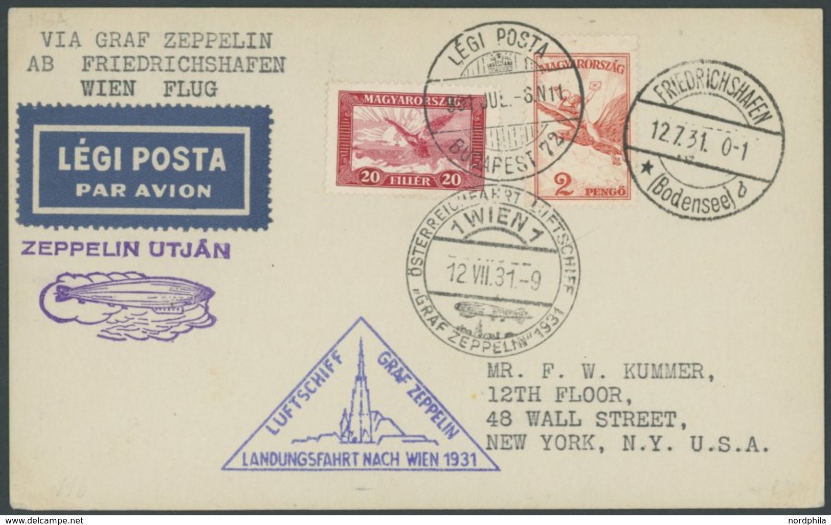 Ungarn: 1931, Österreichfahrt, Prachtkarte In Die USA -> Automatically Generated Translation: Hungaria: 1931, "Austria F - Poste Aérienne & Zeppelin