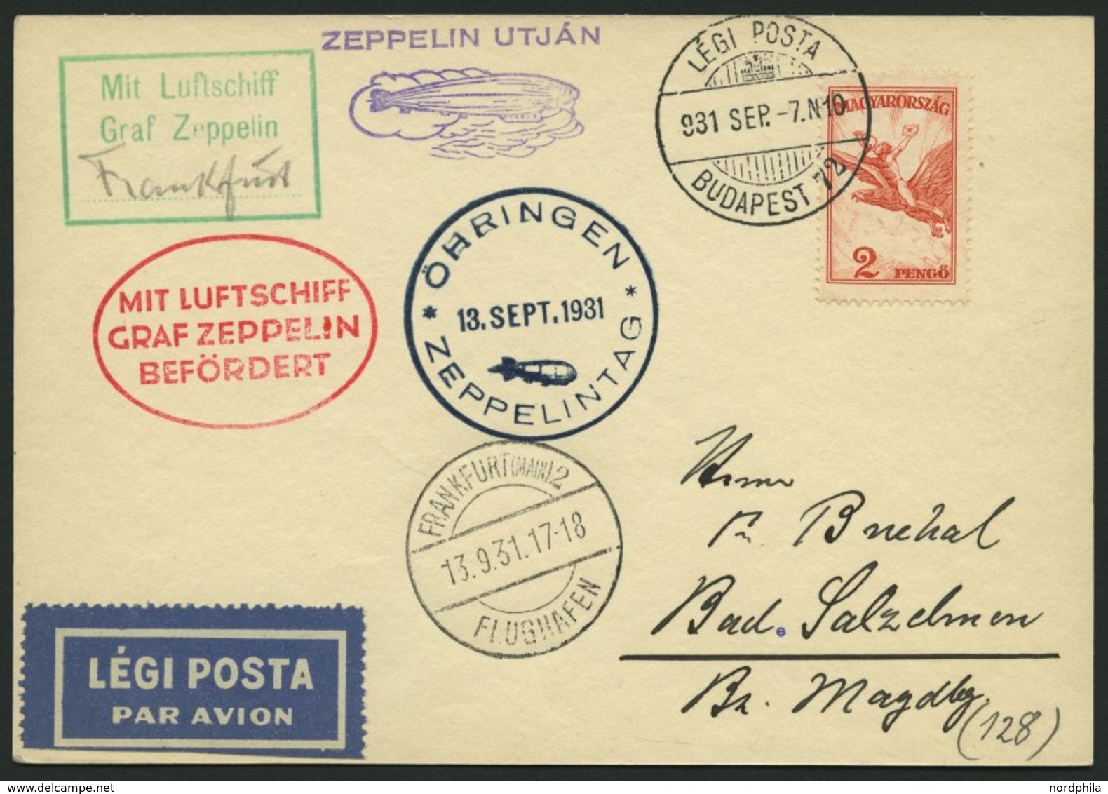 ZULEITUNGSPOST 128A BRIEF, Ungarn: 1931, Fahrt Öhringen-Frankfurt, Prachtkarte - Poste Aérienne & Zeppelin