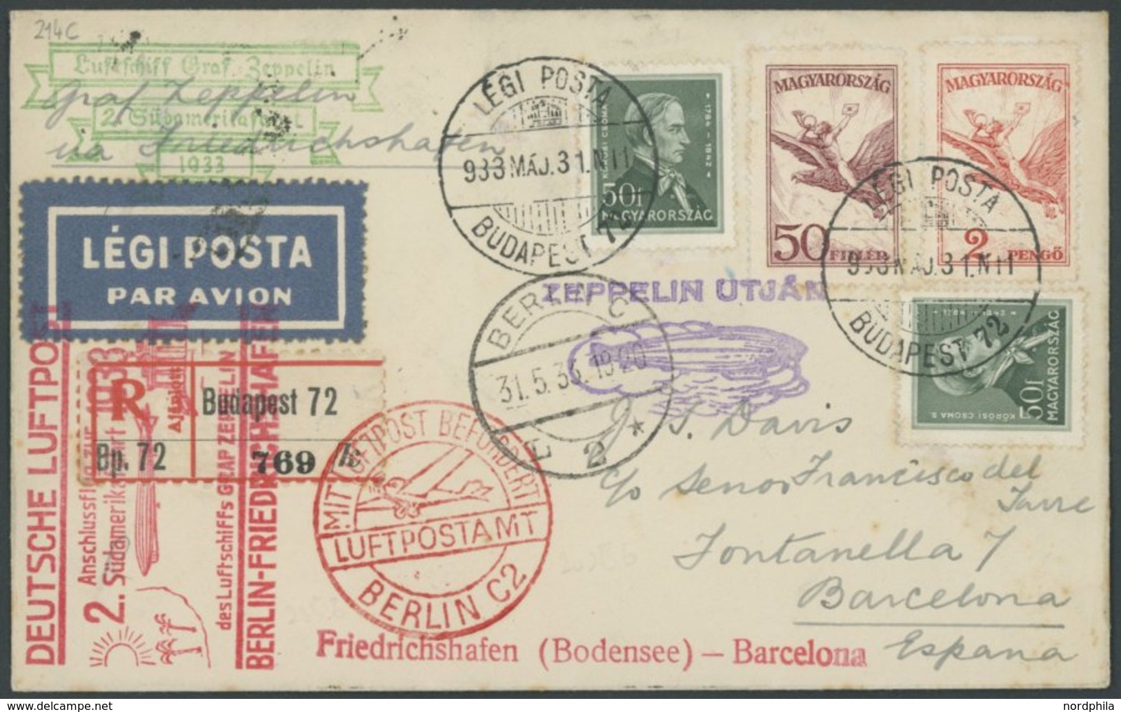 Ungarn: 1933, 2. Südamerikafahrt, Anschlussflug Ab Berlin, Abwurf Barcelona, Einschreibbrief, Pracht, Sieger Und Michel  - Poste Aérienne & Zeppelin