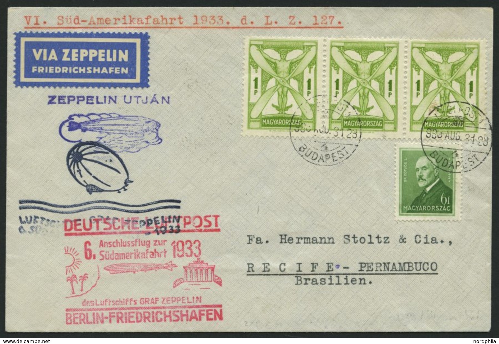 ZULEITUNGSPOST 229B BRIEF, Ungarn: 1933, 6. Südamerikafahrt, Anschlußflug Ab Berlin, Prachtbrief - Poste Aérienne & Zeppelin