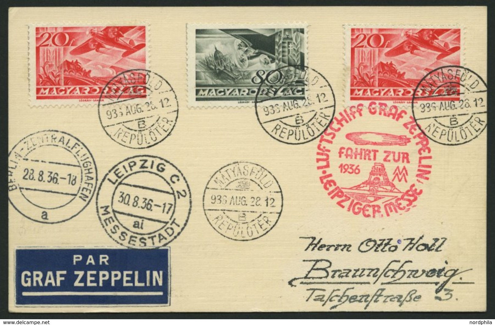 ZULEITUNGSPOST 366 BRIEF, Ungarn: 1936, Fahrt Zur Leipziger Messe, Prachtkarte - Poste Aérienne & Zeppelin