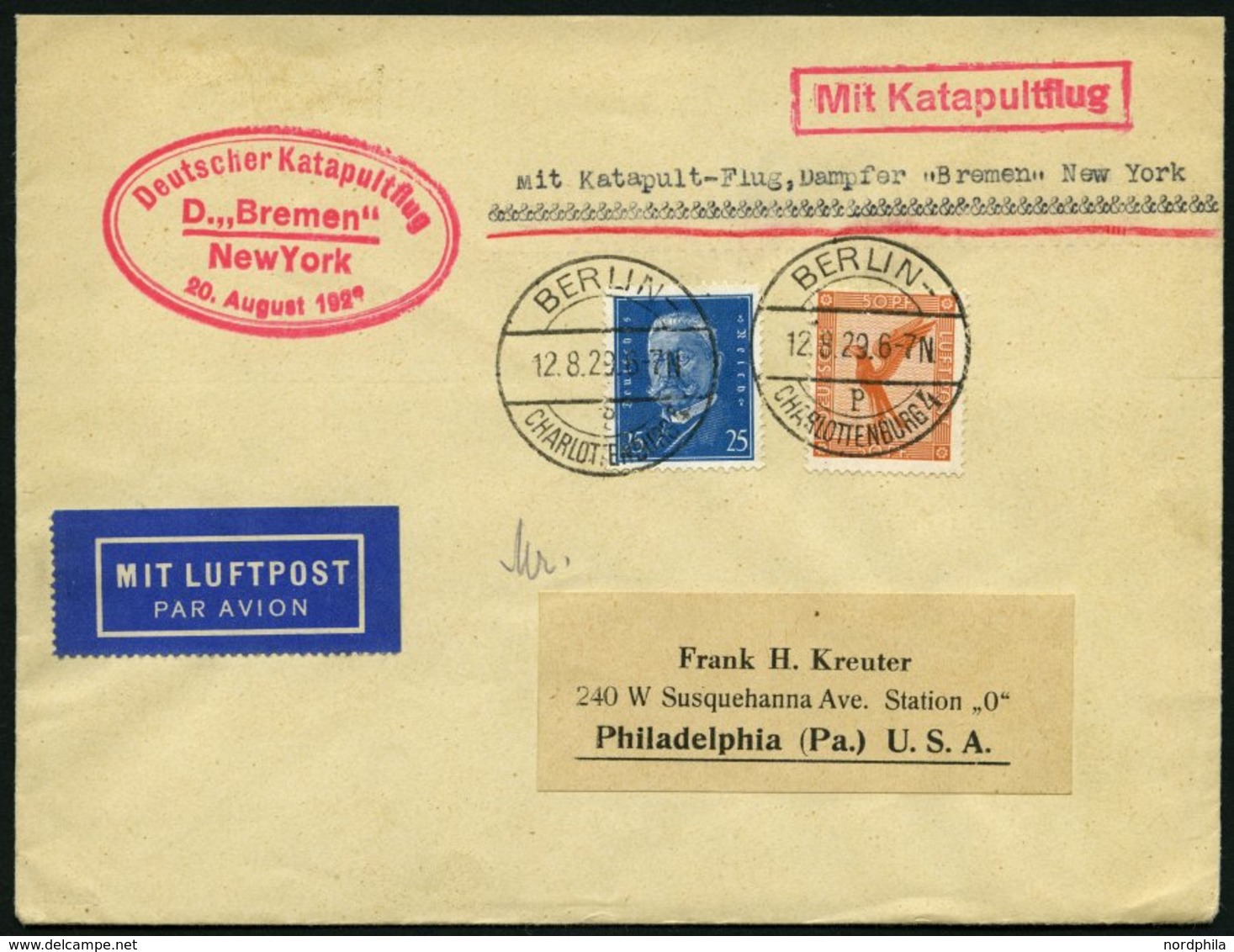 KATAPULTPOST 3a BRIEF, 20.8.1929, &quot,Bremen&quot, - New York, Landpostaufgabe, Prachtbrief - Covers & Documents