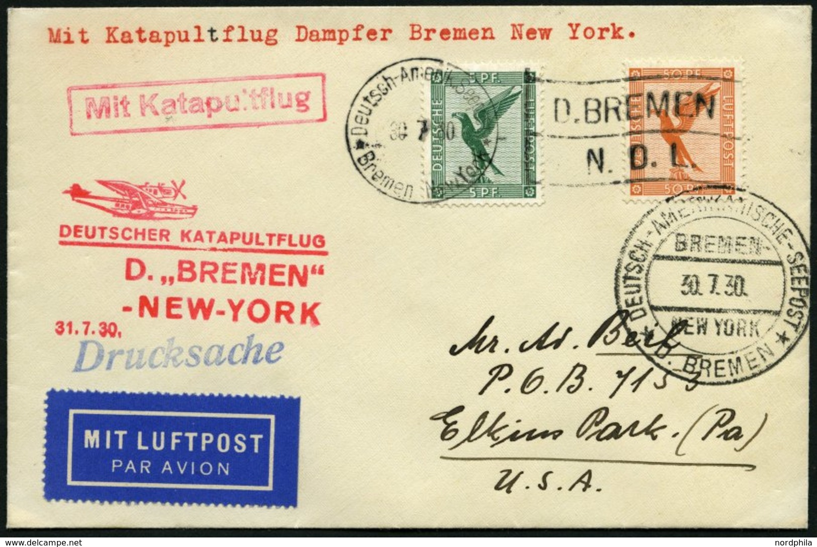 KATAPULTPOST 20b BRIEF, 31.7.1930, &quot,Bremen&quot, - New York, Seepostaufgabe, Drucksache, Prachtbrief - Briefe U. Dokumente