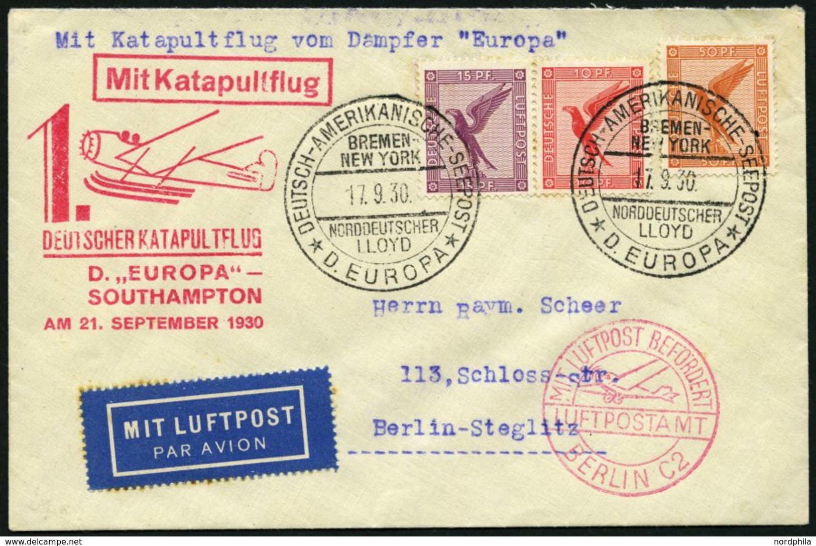 KATAPULTPOST 32c BRIEF, 22.9.1930, &quot,Europa&quot, - Southampton, Deutsche Seepostaufgabe, Prachtbrief - Covers & Documents