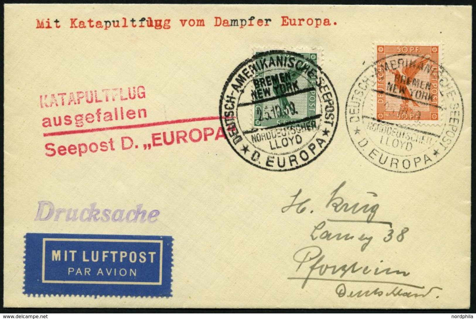 KATAPULTPOST 39c BRIEF, 25.10.1930, Europa - Flug Ausgefallen, Deutsche Seepost, Drucksache, Prachtbrief - Lettres & Documents