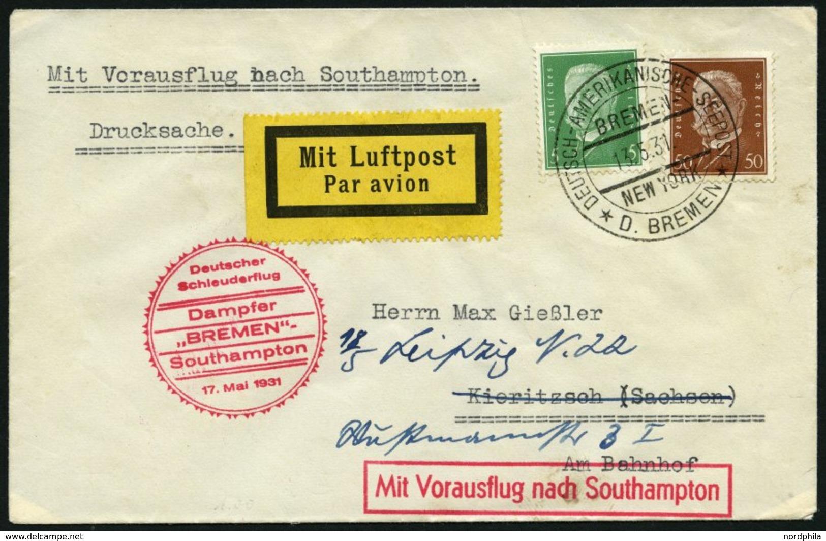 KATAPULTPOST 42c BRIEF, 17.5.1931, &quot,Bremen&quot, - Southampton, Deutsche Seepostaufgabe, Drucksache, Prachtbrief - Covers & Documents