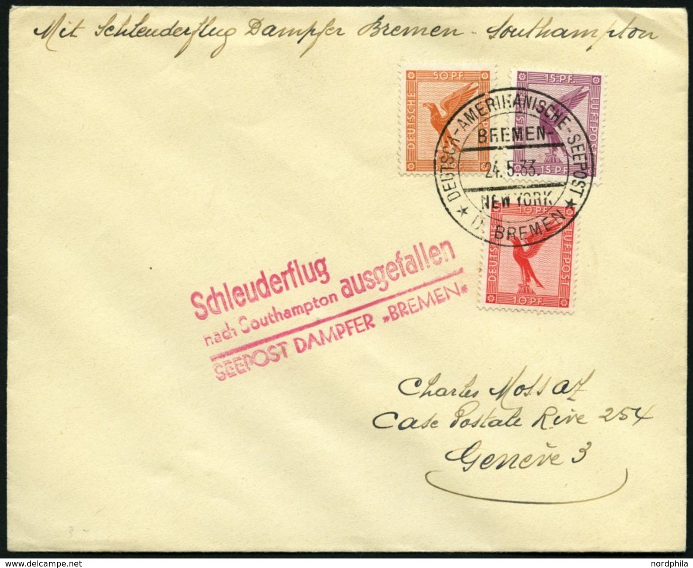 KATAPULTPOST 116c BRIEF, 21.5.1933, &quot,Bremen&quot, - Flug Ausgefallen, Deutsche Seepostaufgabe, Prachtbrief - Covers & Documents