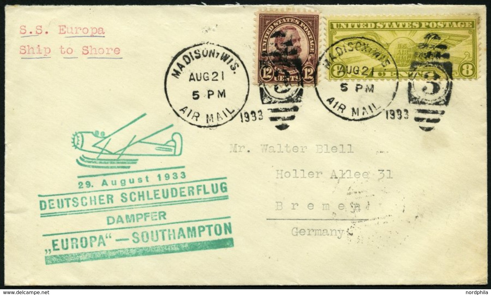 KATAPULTPOST 138a BRIEF, 28.8.1933, &quot,Europa&quot, - Southampton, US-Landpostaufgabe, Prachtbrief - Lettres & Documents