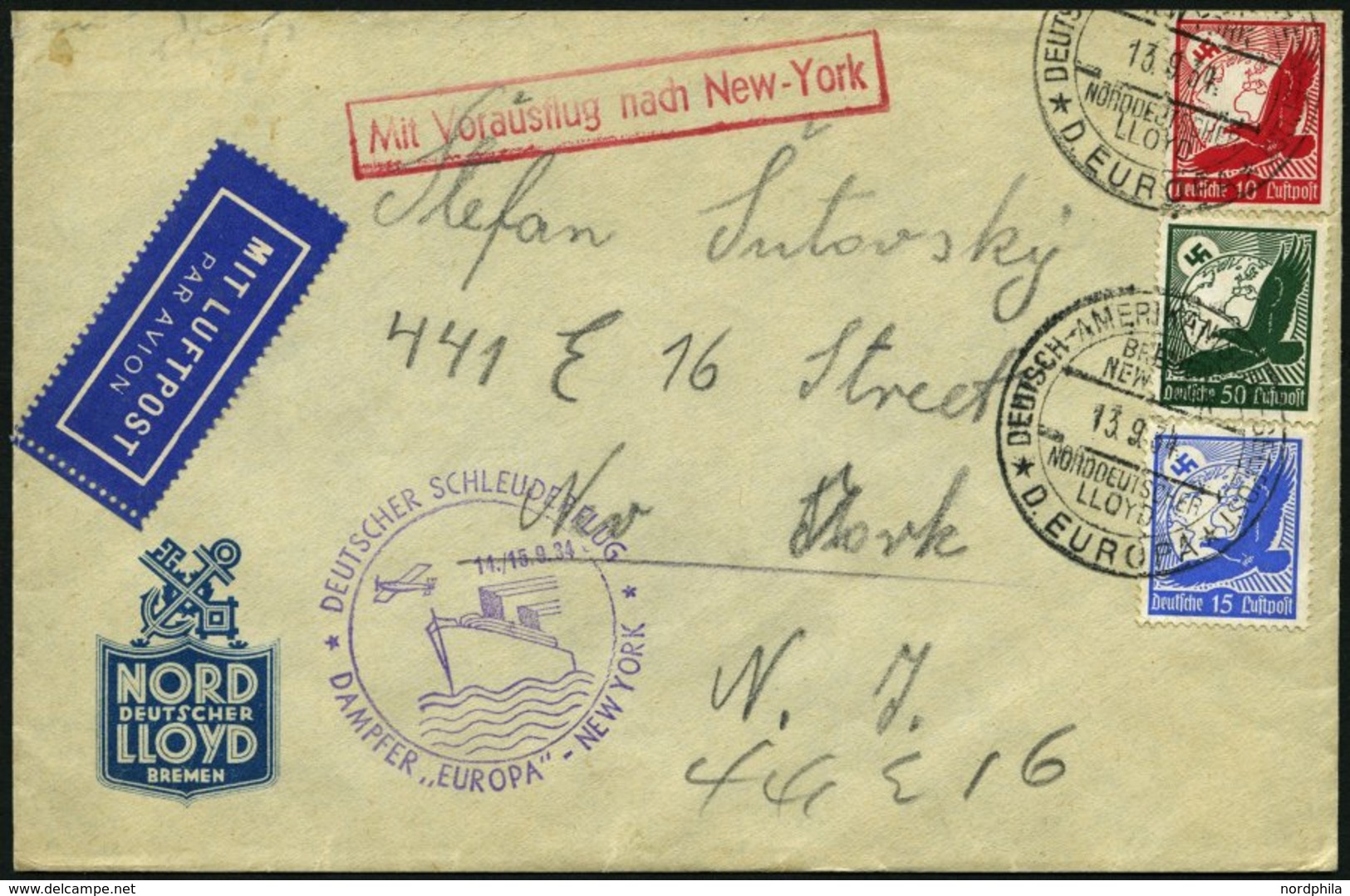 KATAPULTPOST 178b BRIEF, 14.9.1934, &quot,Europa&quot, - New York, Brief Feinst - Briefe U. Dokumente
