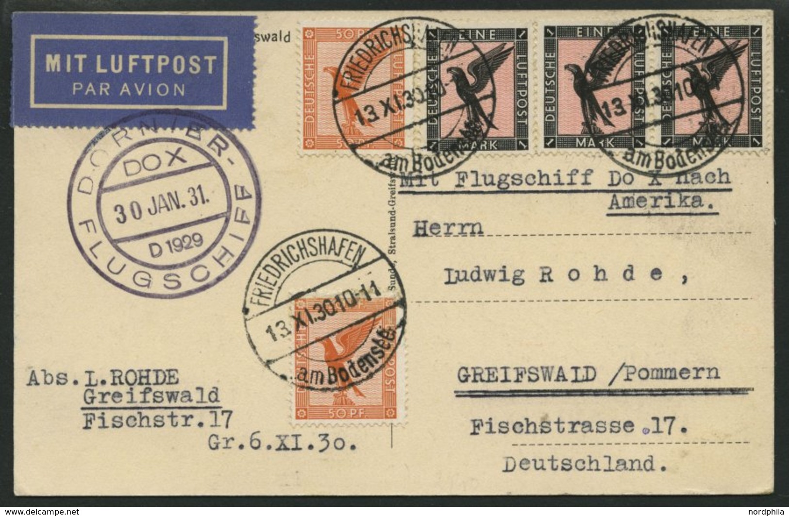 DO-X LUFTPOST 7.c.d. BRIEF, 13.11.1930, Aufgabe Friedrichshafen, Via Rio Nach Europa, Mit Durchgangsstempel 22.IV.31, Fr - Briefe U. Dokumente