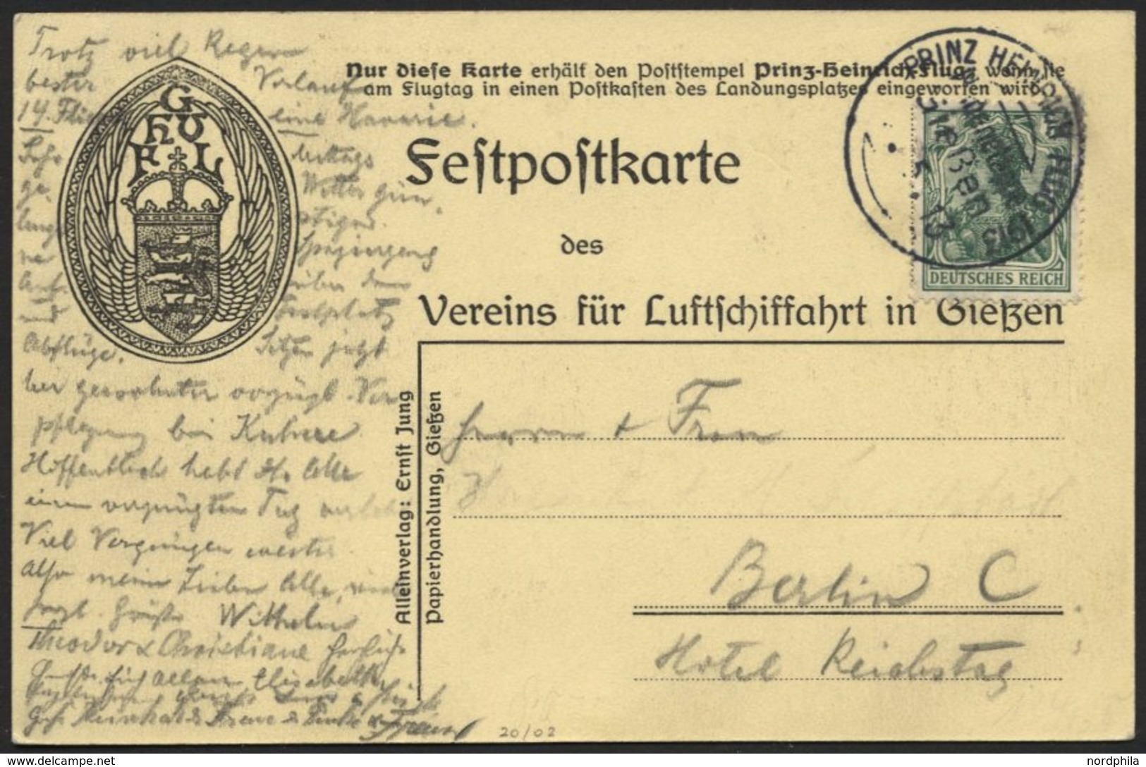 PIONIERFLUGPOST 1909-1914 20/02 BRIEF, 12.5.1913, Prinz Heinrich Flug - Nebenetappe Gießen, Festpostkarte, Pracht - Flugzeuge