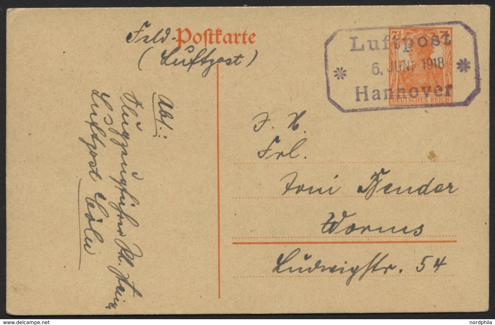 LUFTFAHRT IM I. WELTKRIEG P 110 BRIEF, 1918, LUFTPOST * 6. JUNI 1918 * HANNOVER, Violetter R3 Auf 71/2 Pf. Ganzsachenkar - Airplanes