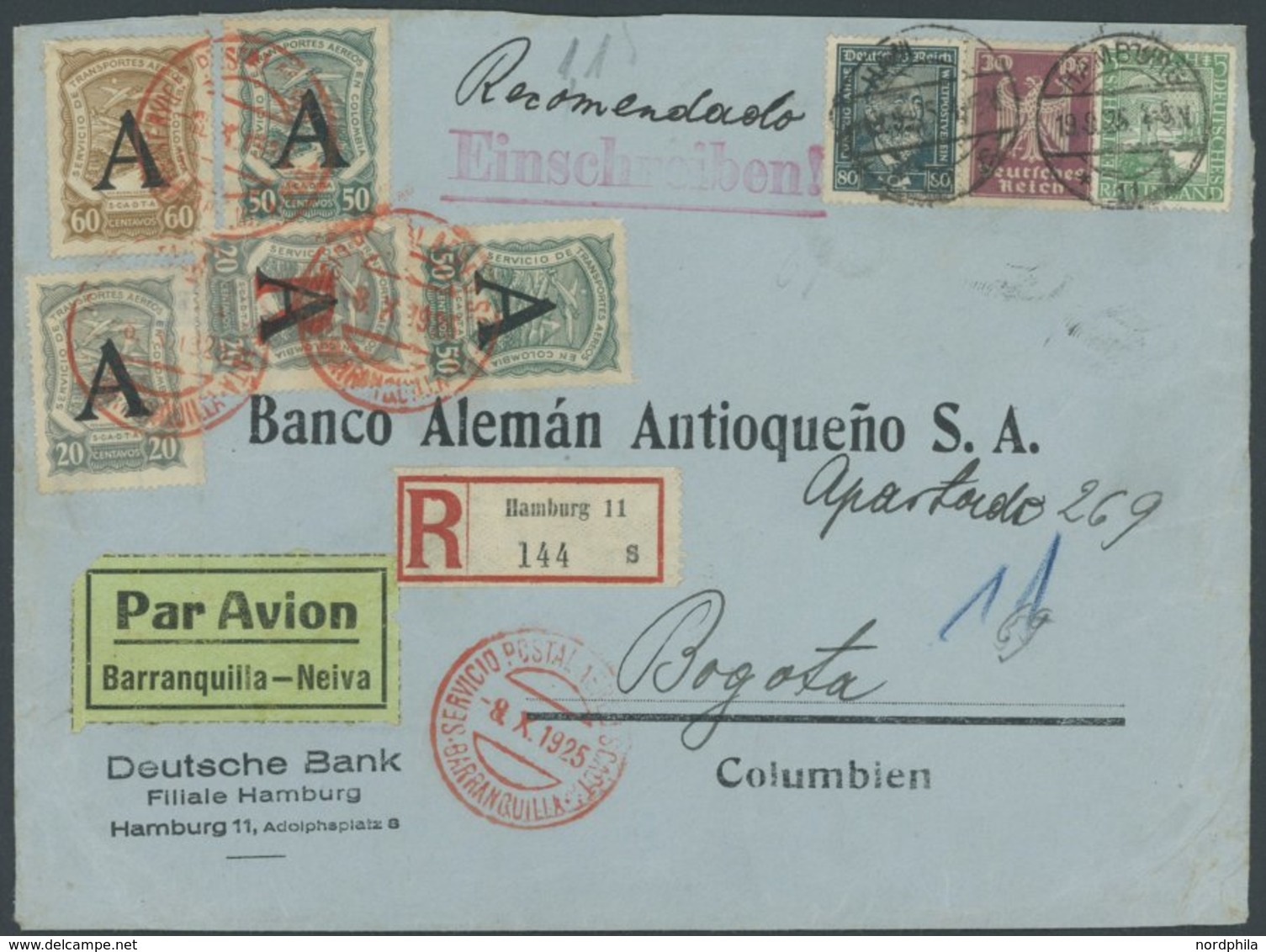 19.9.1925, 5, 30 Und 80 Pf. Auf Einschreibbrief Der Deutschen Bank Von Hamburg Nach Bogota/Columbien, Mit Zusatzfrankatu - Airplanes