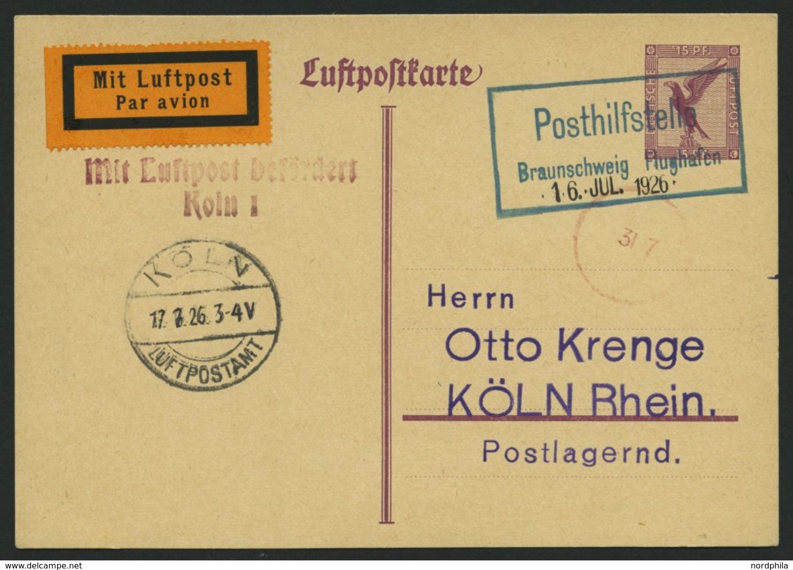 FLUGPLATZ, FLUGHAFENSTPL 7-01i BRIEF, Braunschweig Posthilfstelle Flughafen, 1926, Grüner R2, Datum-Gummistempel Auf Gan - Avions