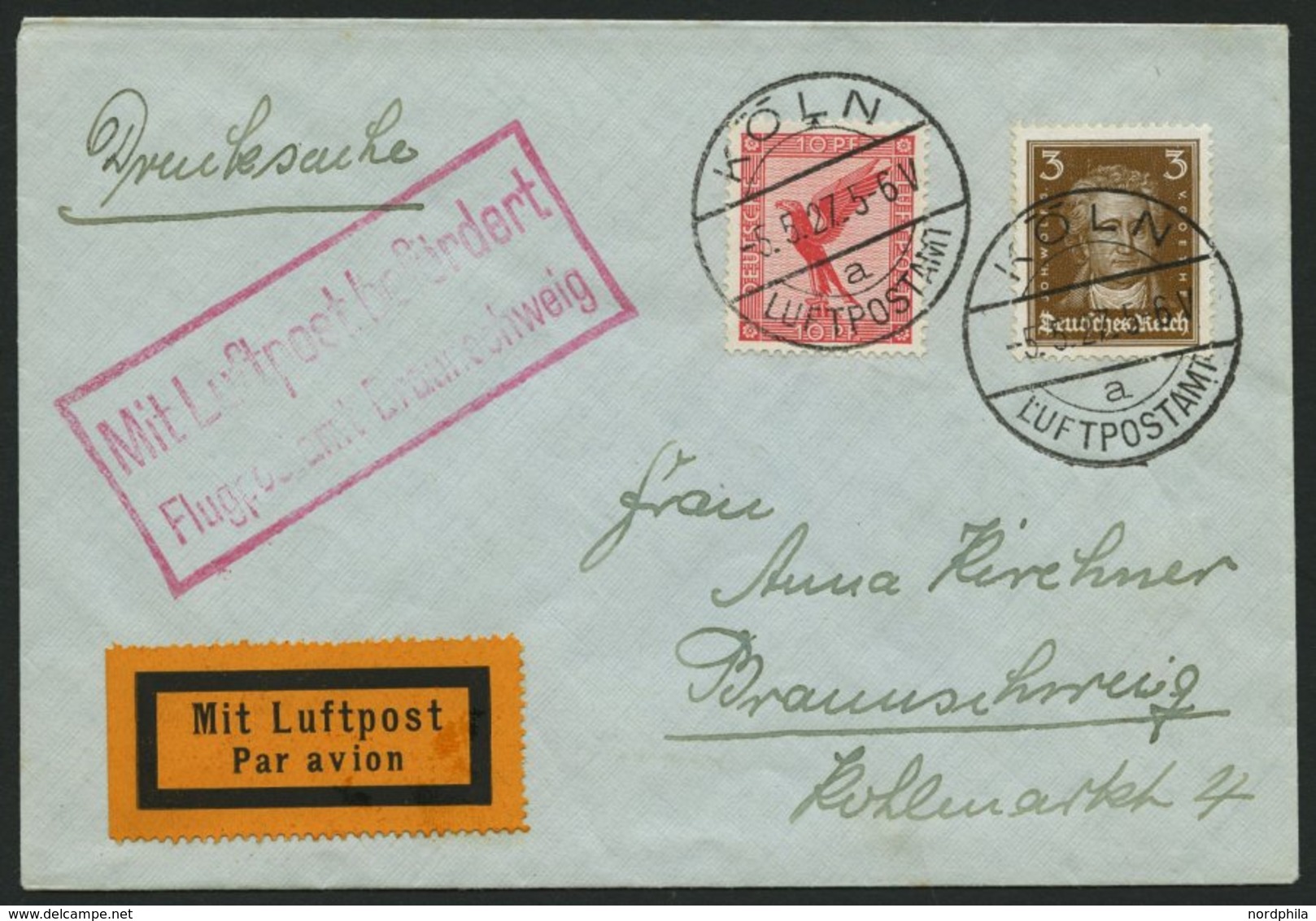 LUFTPOSTBESTÄTIGUNGSSTPL 12-04 BRIEF, BRAUNSCHWEIG, Drucksache Von KÖLN Nach Braunschweig, Prachtbrief - Airmail & Zeppelin