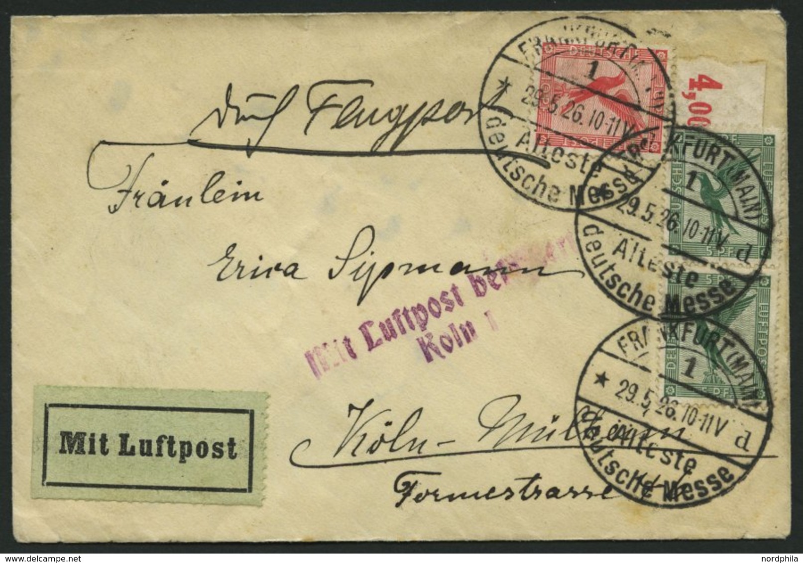 LUFTPOSTBESTÄTIGUNGSSTPL 63-02 BRIEF, KÖLN 1, L2, Brief Von FRANKFURT (MAIN) Nach Köln-Mülheim, Feinst (Öffnungsmängel) - Poste Aérienne & Zeppelin
