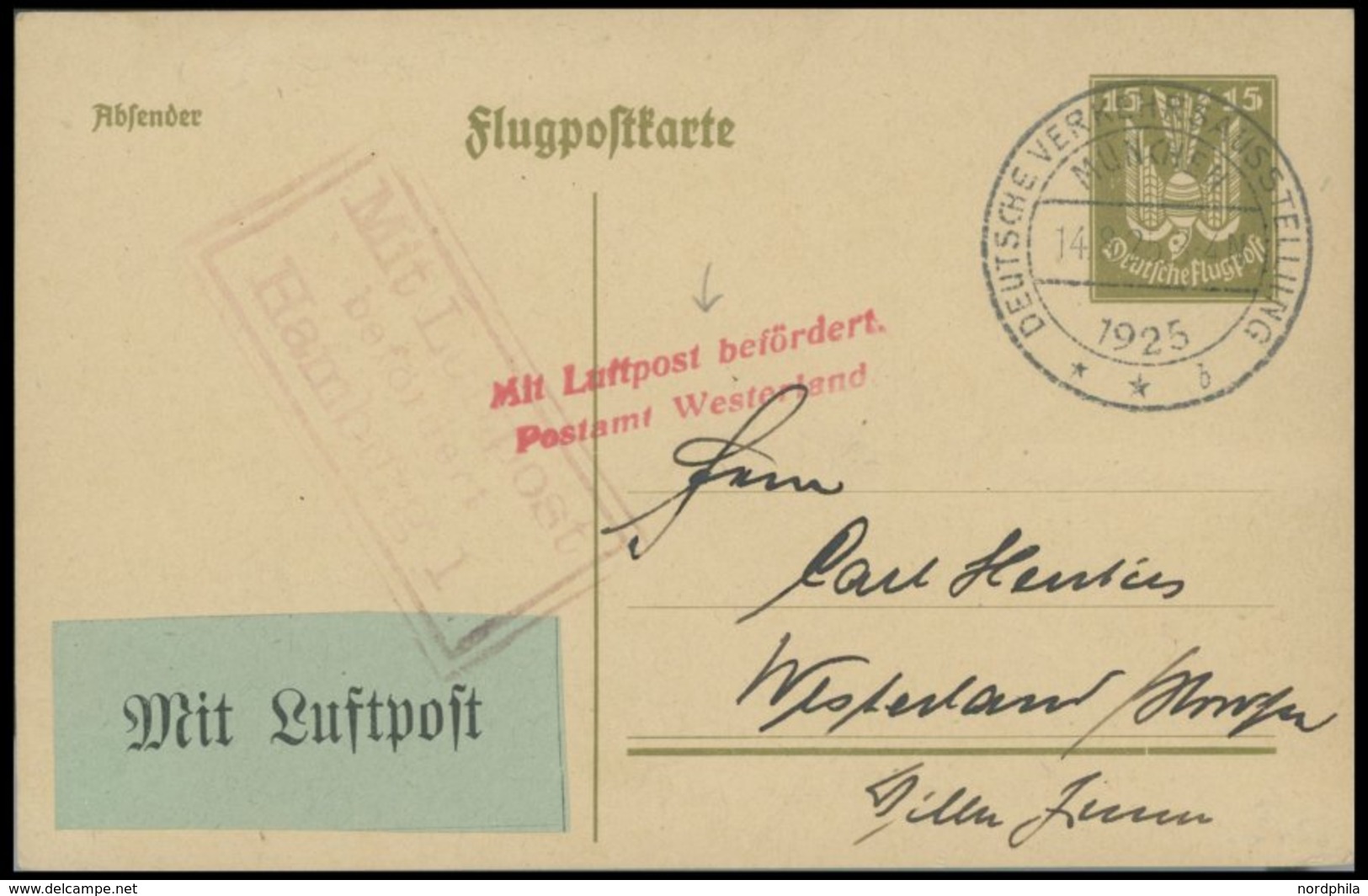 LUFTPOSTBESTÄTIGUNGSSTPL 109-01a BRIEF, WESTERLAND In Rot Und HAMBURG In Rotviolett, Flugpostkarte Von MÜNCHEN Nach West - Airmail & Zeppelin