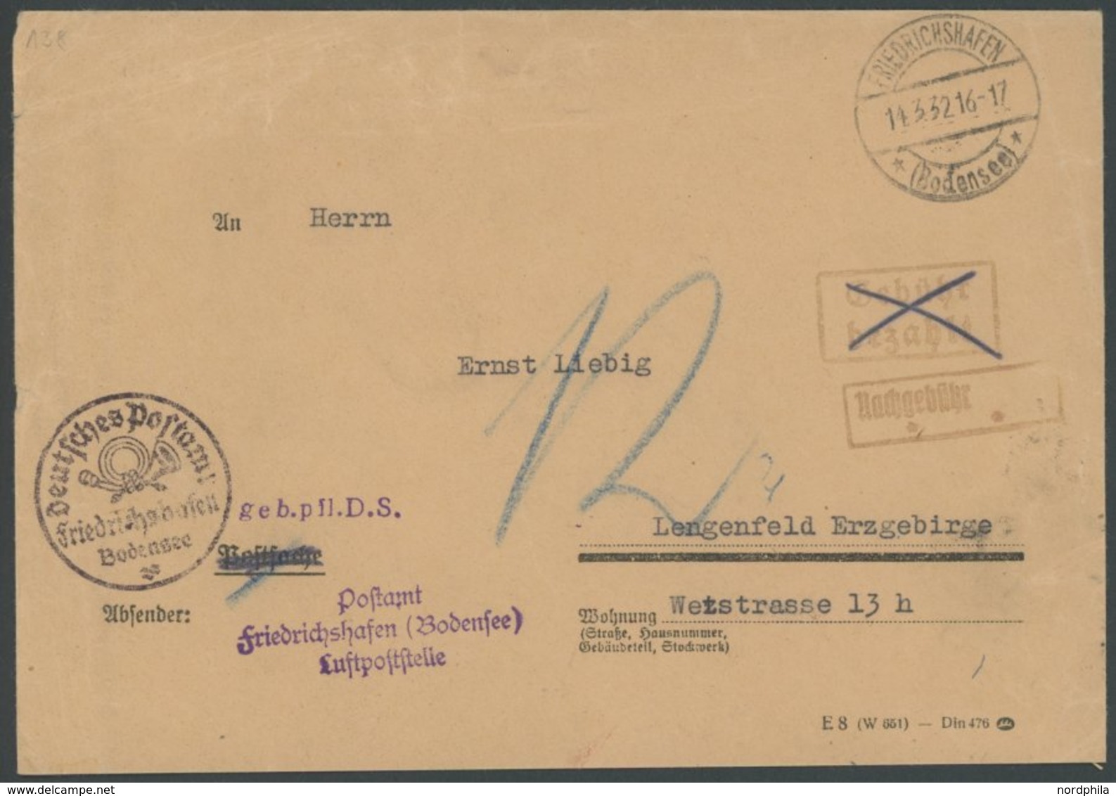 1932, K1-Posthornstempel FRIEDRICHSHAFEN BODENSEE Und L3 Der Luftpoststelle Auf Nachgebührbrief Mit Tagesstempel Vom 14. - Other & Unclassified