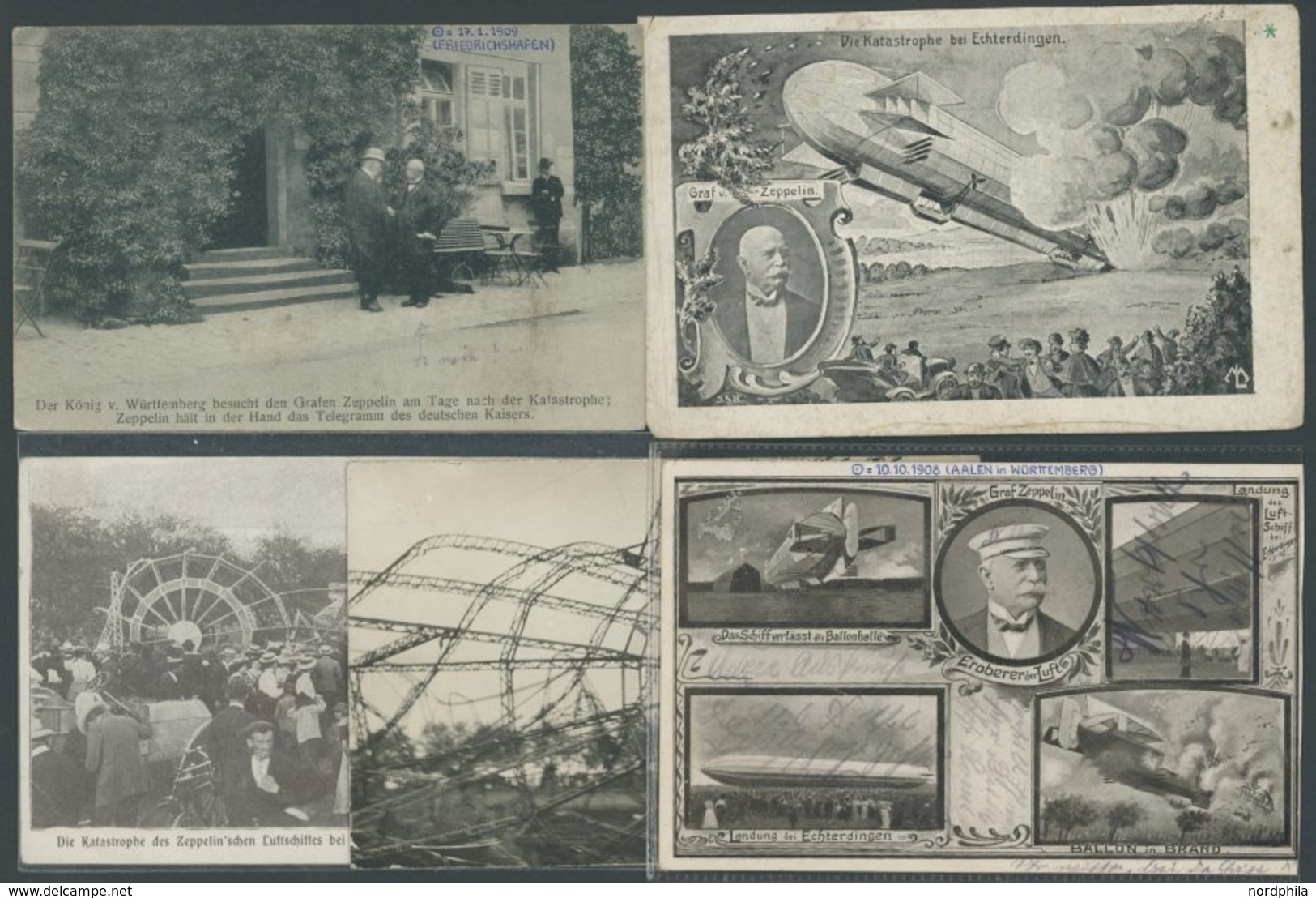 1908, LZ 4 (Z II) Echterdingen Katastrophe, 5 Verschiedene Ansichtskarten Davon 2 Ungebraucht, Meist Pracht -> Automatic - Other & Unclassified