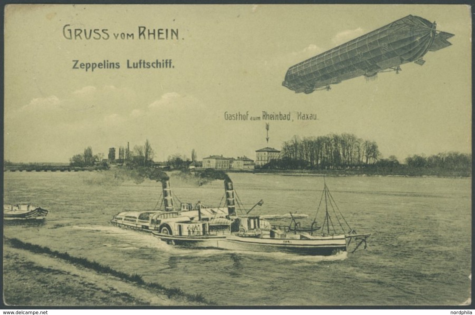 1908, Gruss Vom Rhein, Zeppelinfahrt-Sonderkarte, Gebraucht, Pracht -> Automatically Generated Translation: 1908, "greet - Sonstige & Ohne Zuordnung