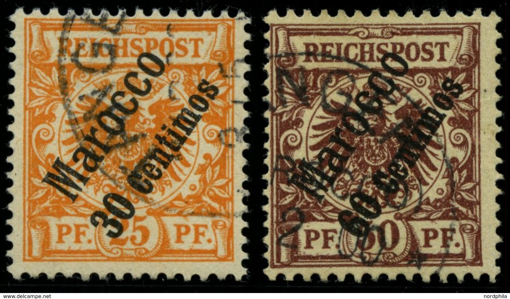 DP IN MAROKKO 5a,6 O, 1899, 30 C. Auf 25 Pf. Gelblichorange Und 60 C. Auf 50 Pf. Lebhaftrötlichbraun, 2 Prachtwerte, Mi. - Deutsche Post In Marokko