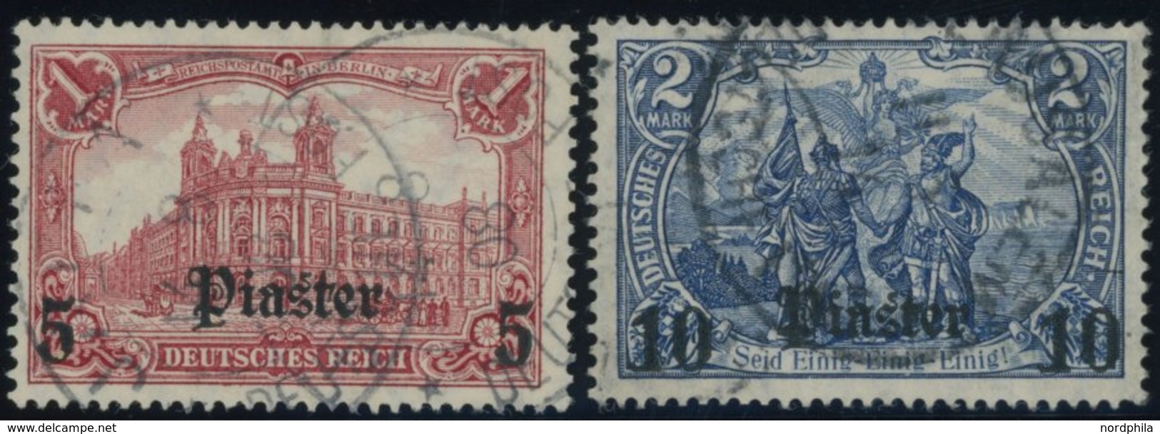 DP TÜRKEI 44/5 O, 1906/7, 5 Pia. Auf 1 M. Und 10 Pia. Auf 2 M., Mit Wz., 2 Prachtwerte, Mi. 100.- - Deutsche Post In Der Türkei