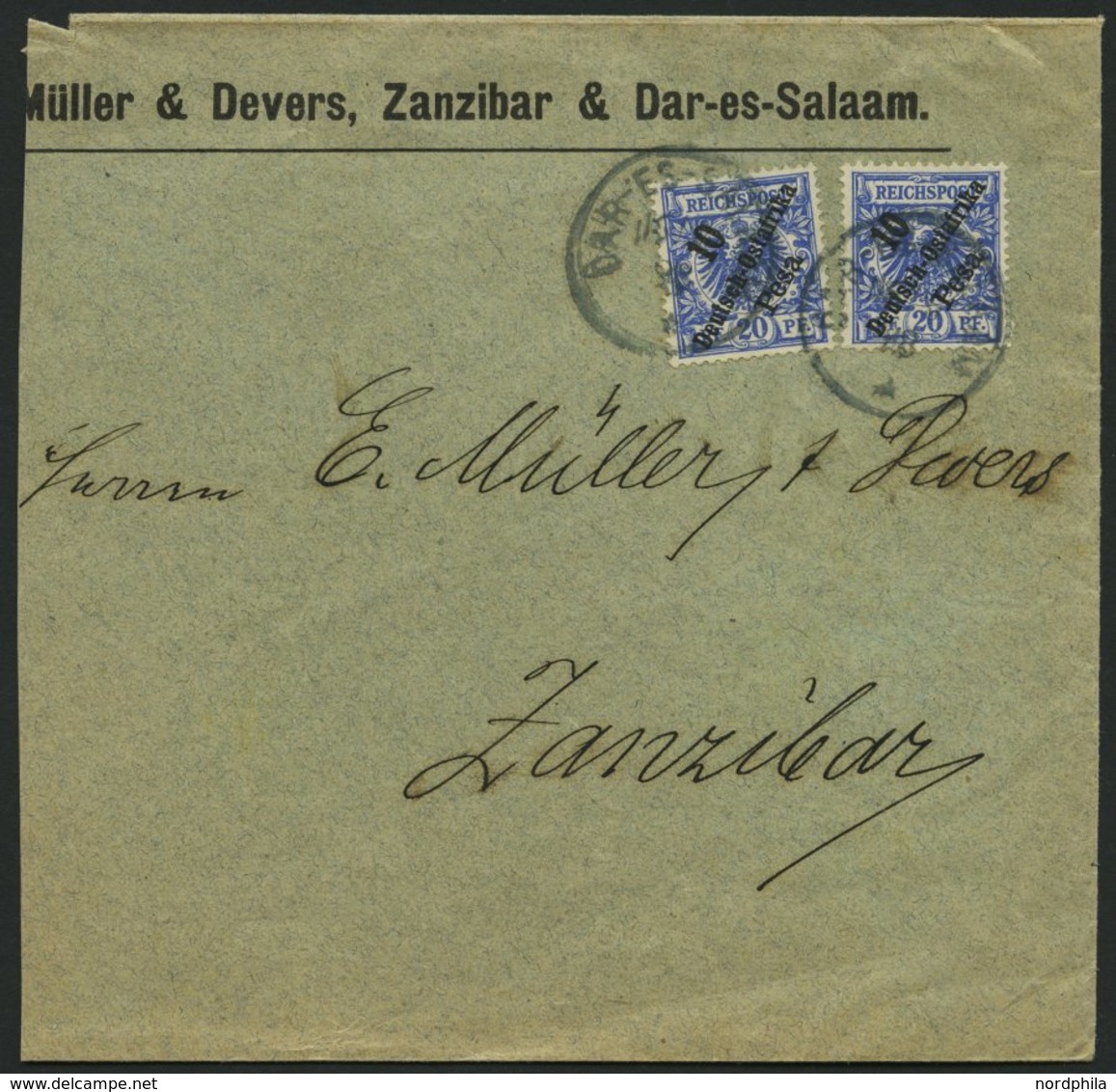 DEUTSCH-OSTAFRIKA 9 BRIEF, 1898, 10 P. Auf 20 Pf. Violettultramarin, 2x Als Mehrfachfrankatur Auf Brief (links Beschnitt - German East Africa