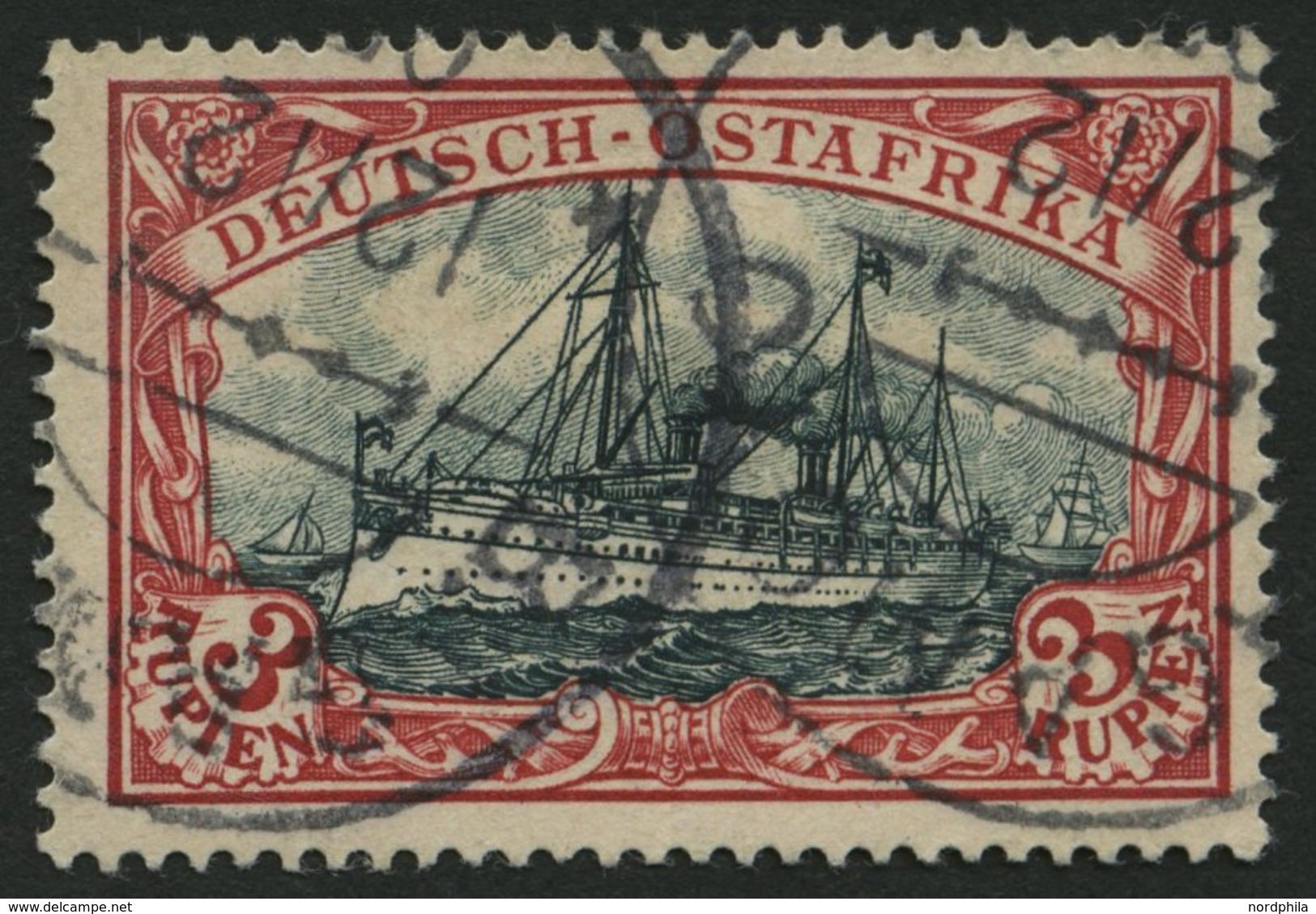 DEUTSCH-OSTAFRIKA 21b O, 1901, 3 R. Dunkelrot/grünschwarz, Ohne Wz., Stempel BAGAMOYO, Pracht, Gepr. Bothe, Mi. 230.- - German East Africa