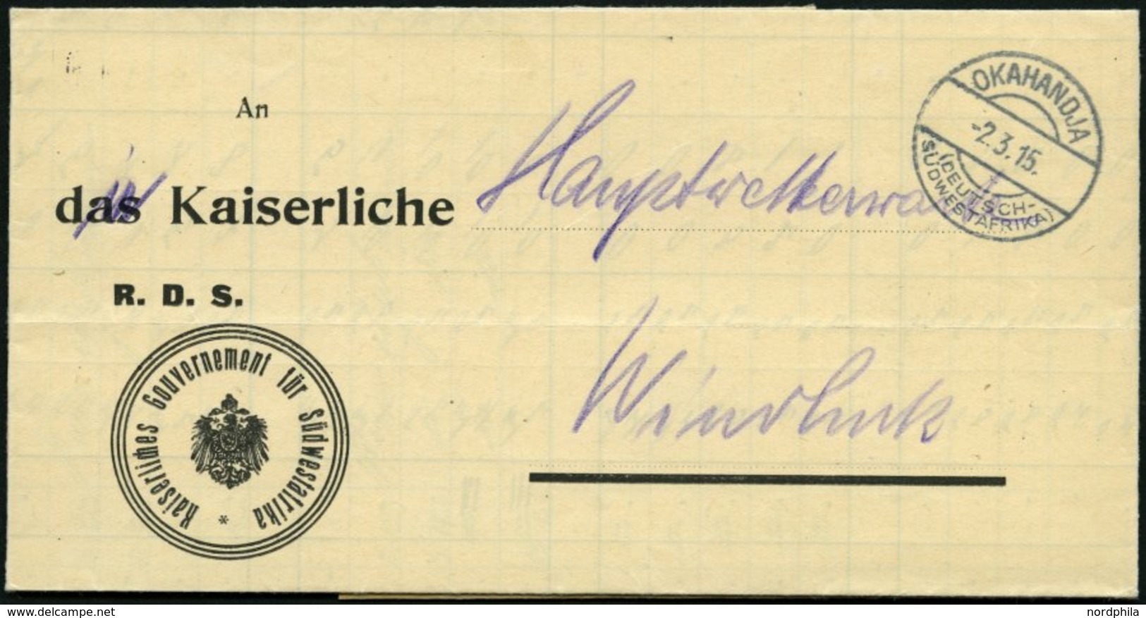 DSWA OKAHANDJA, 2.3.15, Regenmesstabelle Von OTIJOSAZU, Mit Rückseitigem Adlerstempel Des Distriktamtes, Nach Windhoek,  - German South West Africa