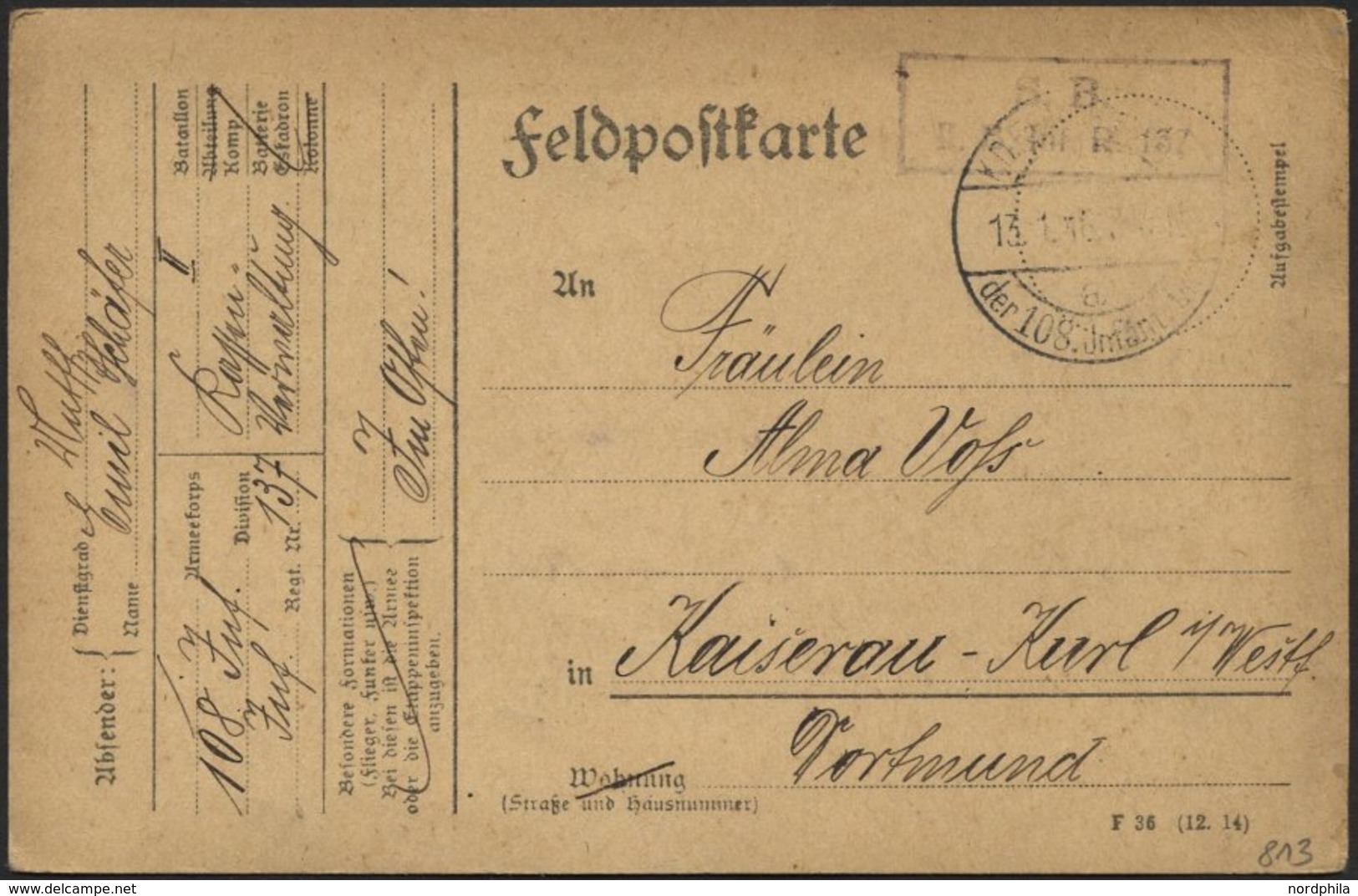 DT. FP IM BALTIKUM 1914/18 K.D. FELDPOSTEXPED. DER 108. INFANT.-DIV. A, 13.1.16, Auf Feldpost-Vordruckkarte Nach Kaisera - Latvia