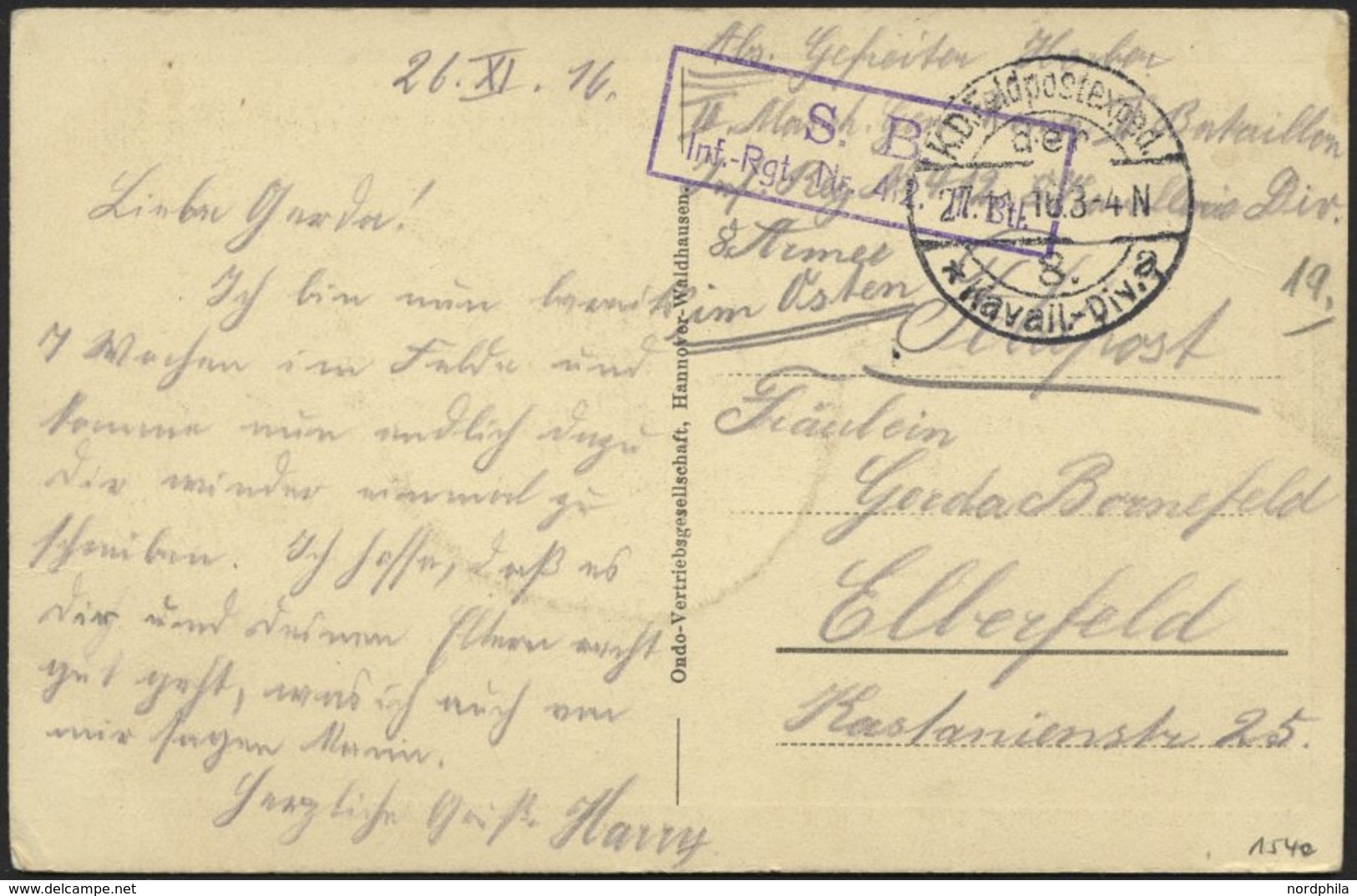 DT. FP IM BALTIKUM 1914/18 K.D. FELDPOSTEXPED. DER 8. KAVALL.-DIV. * A, 27.11.16, Auf Farbiger Ansichtskarte (Russischer - Latvia