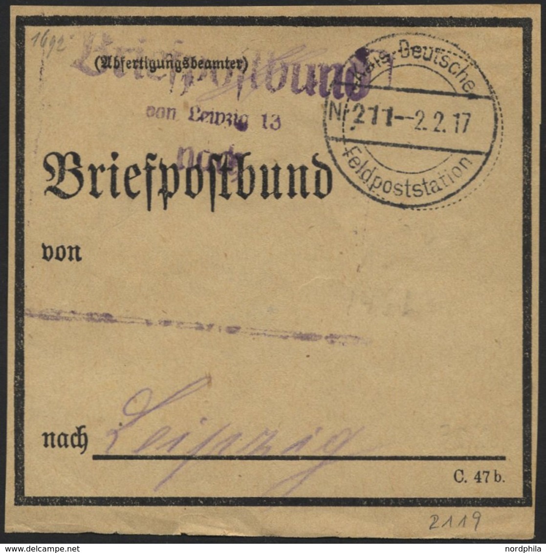 DT. FP IM BALTIKUM 1914/18 KAIS. DEUTSCHE FELDPOSTSTATION NR. 211, 2.2.17, Auf Briefpostbund-Zettel (C 47b) Für Ein Bünd - Lettland