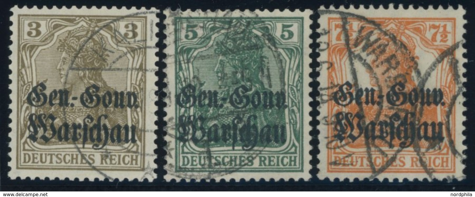 DEUTSCHE POST IN POLEN 7-9b O, 1916, 3 - 71/2 Pf., Aufdruck Matt, 3 Prachtwerte, Gepr. Hey/Dr. Hochstädter, Mi. 80.- - Besetzungen 1914-18