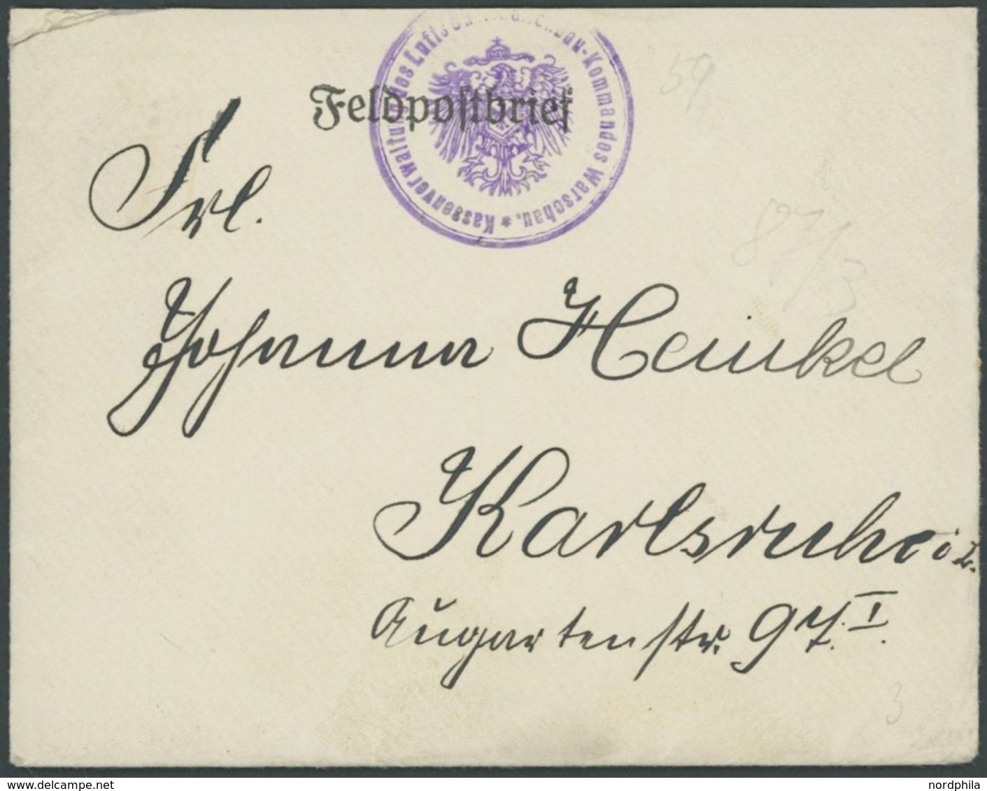 FELDPOST I.WK 1915, Feldpostbrief Mit Violetten Stempeln Kassenverwaltung Des Luftschiffhallenkommandos WARSCHAU, Mit In - Occupation 1914-18