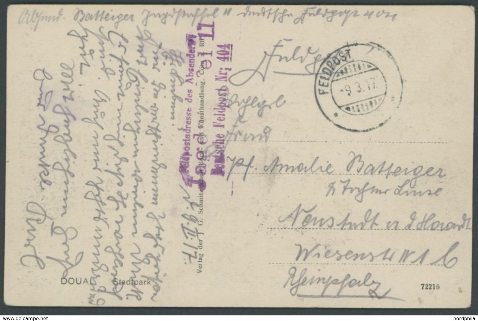 FELDPOST I.WK 1917, Feldpostkarte Der Richthofen Jagdstaffel 11, FP-Nr. 404, Mit Violettem L3 Dto. Und Stummem Stempel,  - Occupation 1914-18