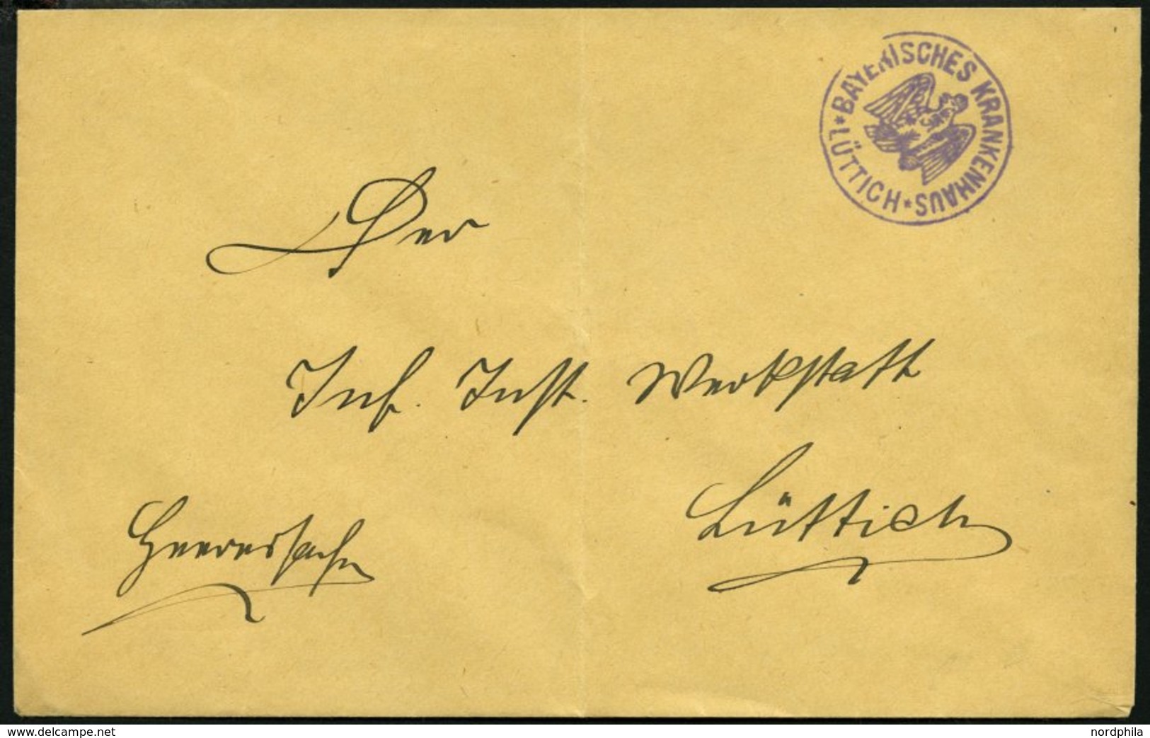 FELDPOST I.WK Ortsbrief Mit Violettem K1 BAYRISCHES KRANKENHAUS LÜTTICH, Feinst (senkrecht Gefaltet) - Occupation 1914-18