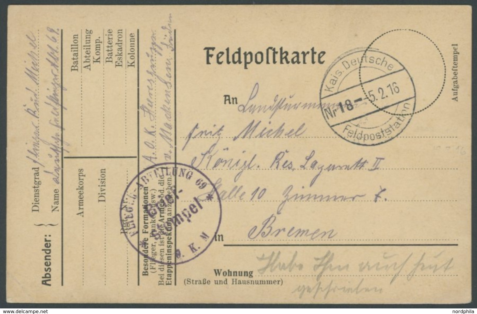 1916, Feldpostkarte Mit Briefstempel FLIEGER-ABTEILUNG 69 O.K.M. (Oberkommando V. Mackensen) Und Stempel FELPOSTSTATION  - Occupation 1914-18