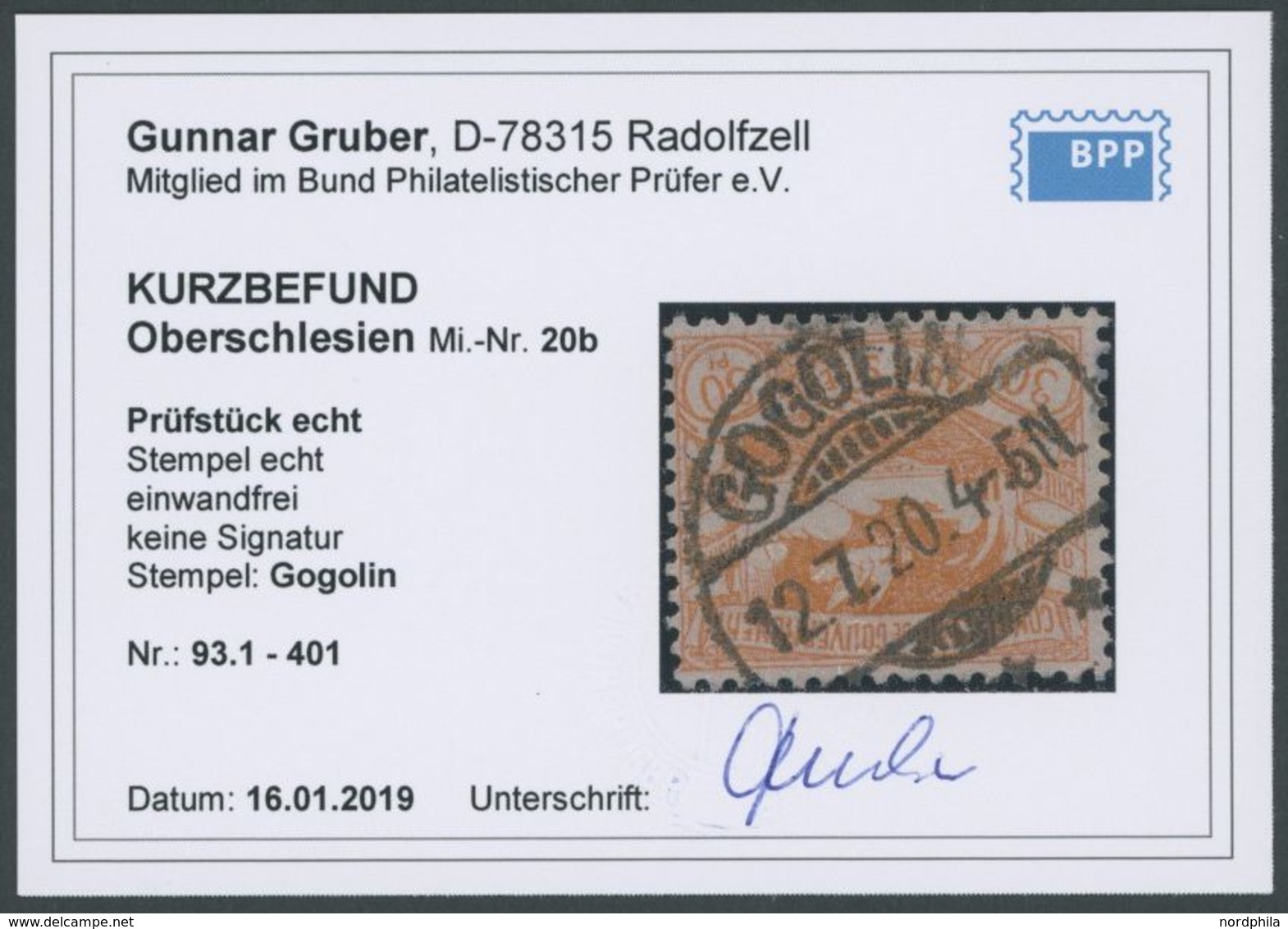 OBERSCHLESIEN 20b O, 1920, 30 Pf. Rötlichorange Mit Seltenem Stempel GOGOLIN **, Pracht, Kurzbefund Gruber - Autres & Non Classés